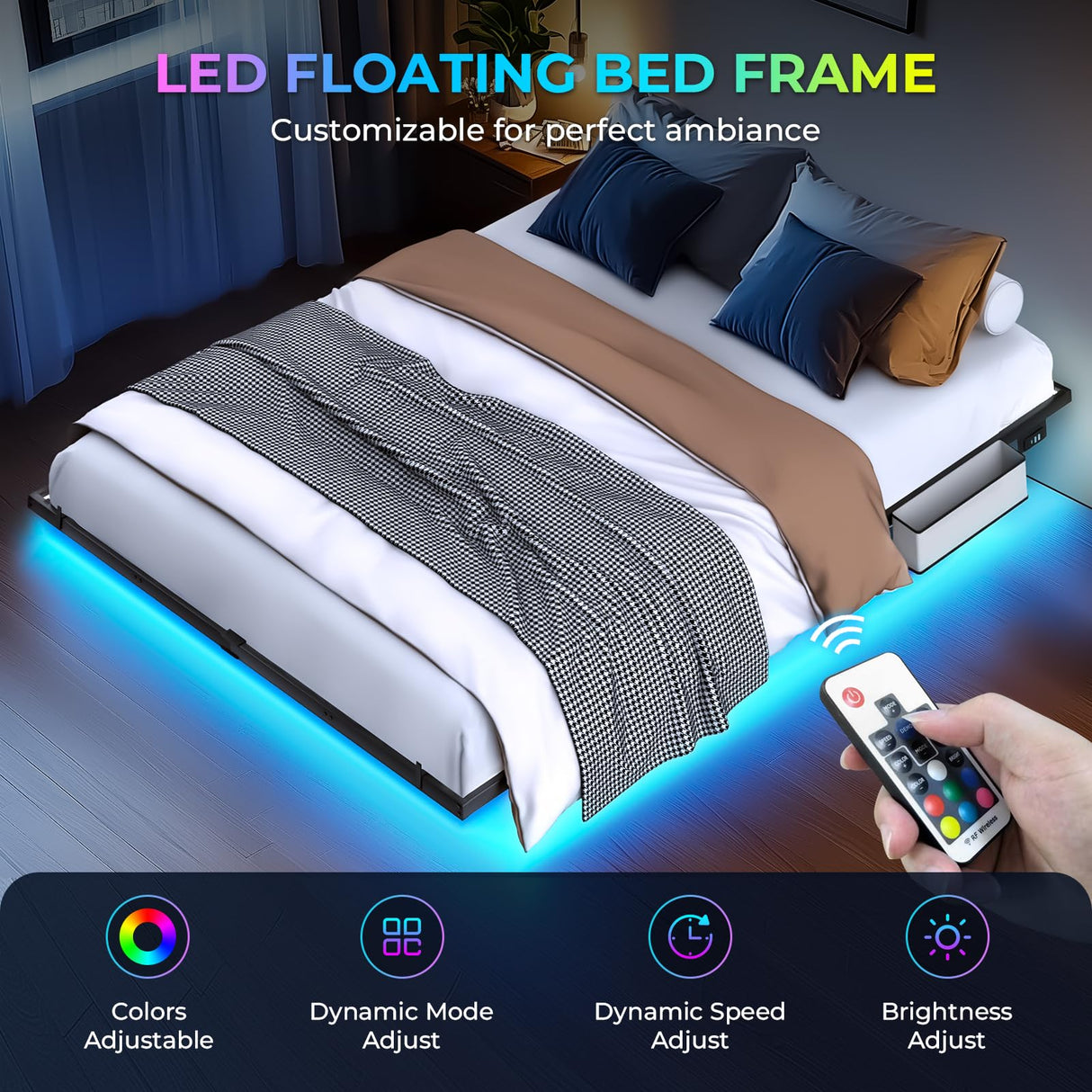Tatub Queen Floating Bed Frame with LED Lights, Charging Station & Mattress Stabiliser Tatub