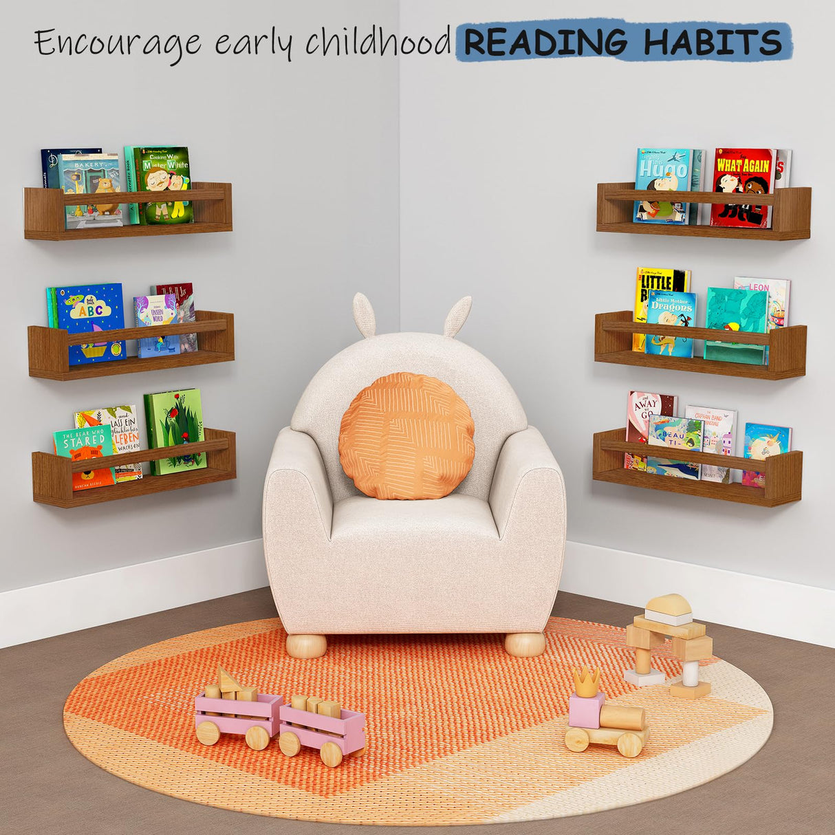 Harwaya Walnut Brown Nursery Book Shelves Wall Mounted, Wooden Floating Bookshelf for Kids Room Bedroom, Dark Wood Nursery Bookshelves for Kitchen Classroom Playroom (Solid Pine, 3-Pack) Harwaya