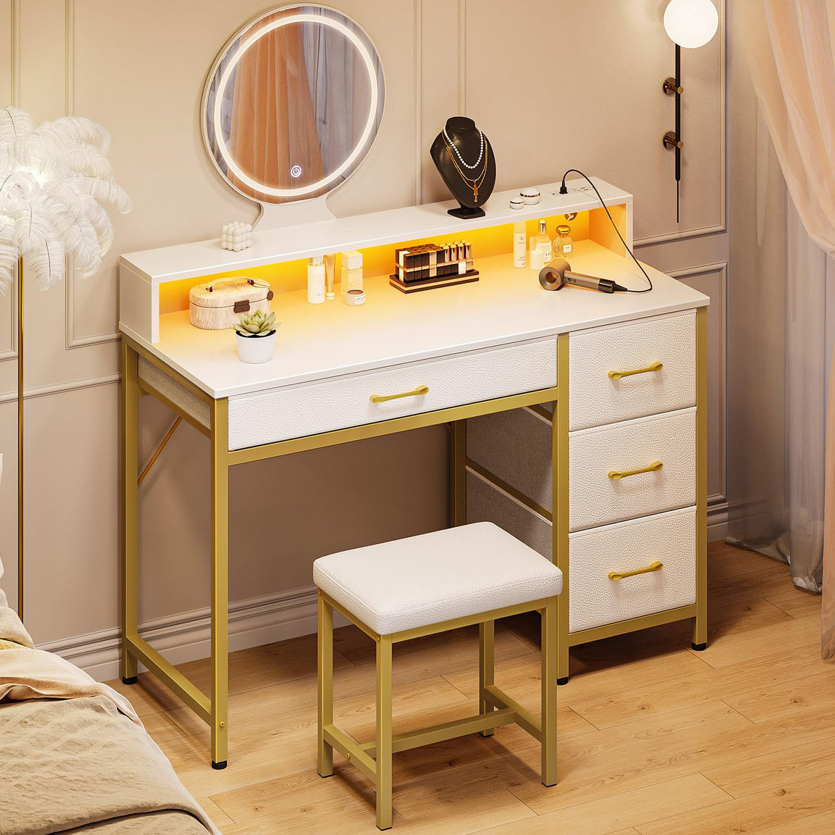 Seventable Vanity Desk with 4 Fabric Drawers, Vanity Table and Chair Set with Power Outlet & LED Strip, Makeup Table with 3 Adjustable Lighting Modes, White Gold Seventable