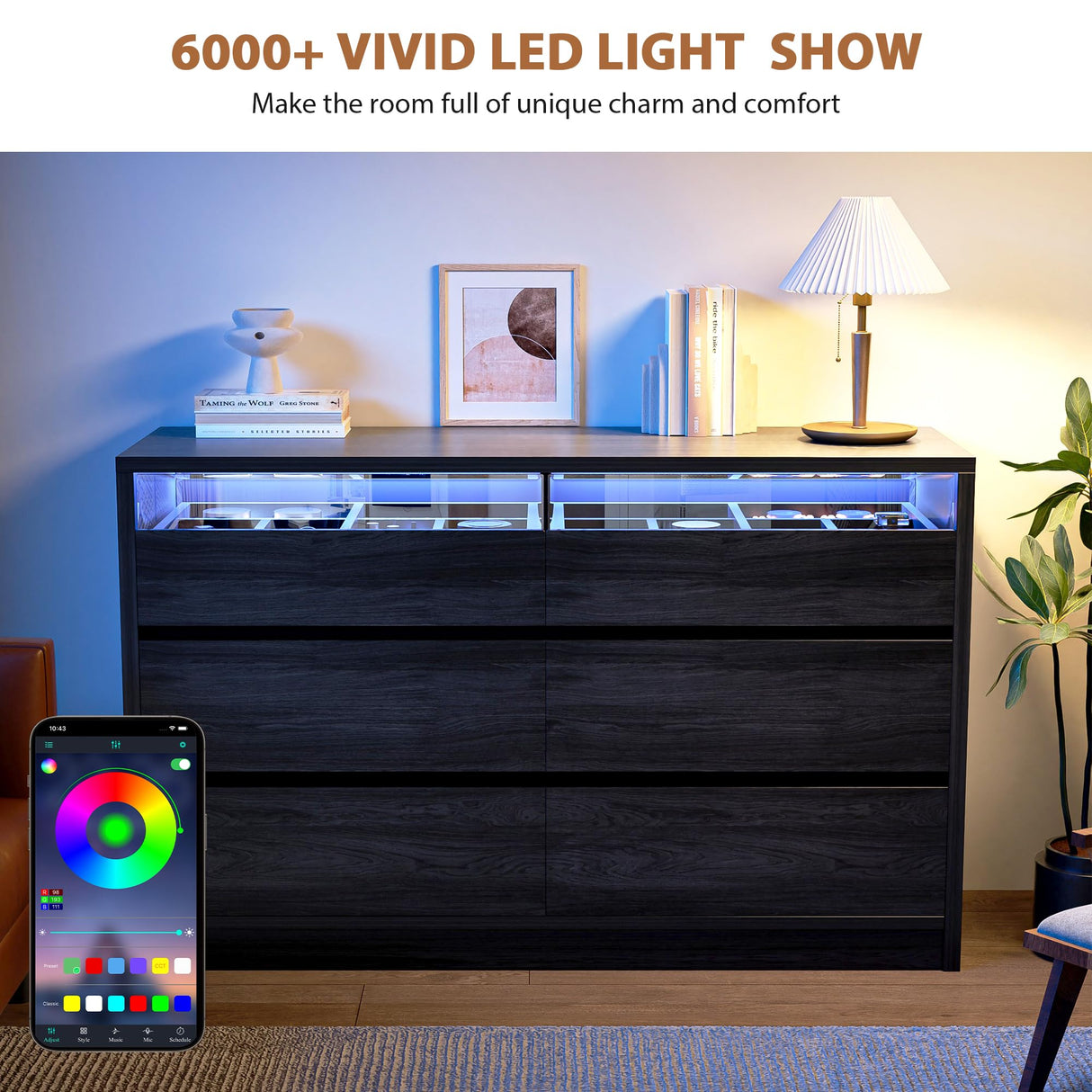 Jocoevol Modern Black 6 Drawer Dresser for Bedroom with LED Light, Large Chest of Drawers with Hidden Handles, Double Wooden Dresser Closet for Living Room, Entryway, Hallway - Black Jocoevol