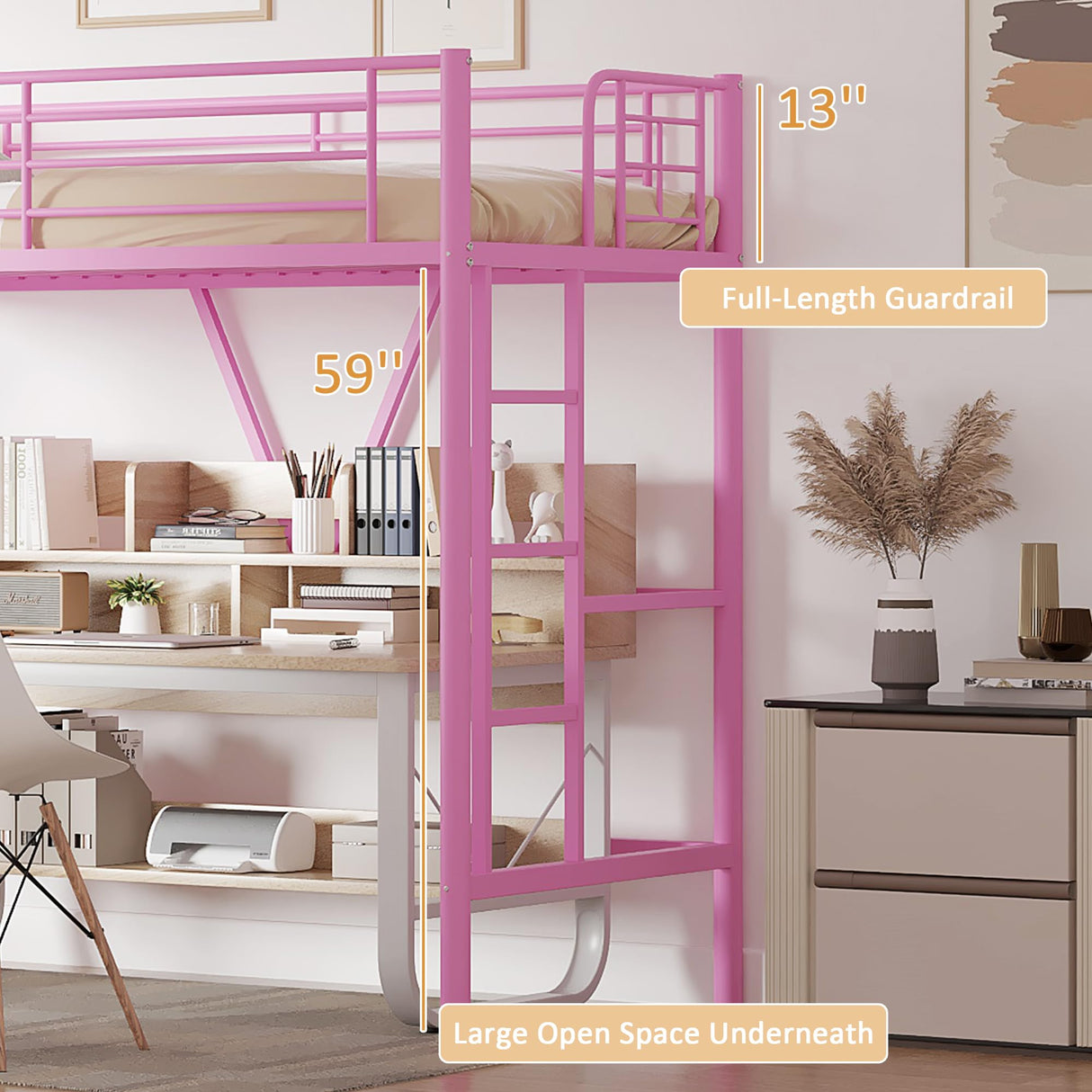 VECELO Twin Size Loft Bed with Full-Length Guardrails and Removable Ladder, Heavy-Duty Metal Frame, Space-Saving Design & Noise-Free, Pink VECELO