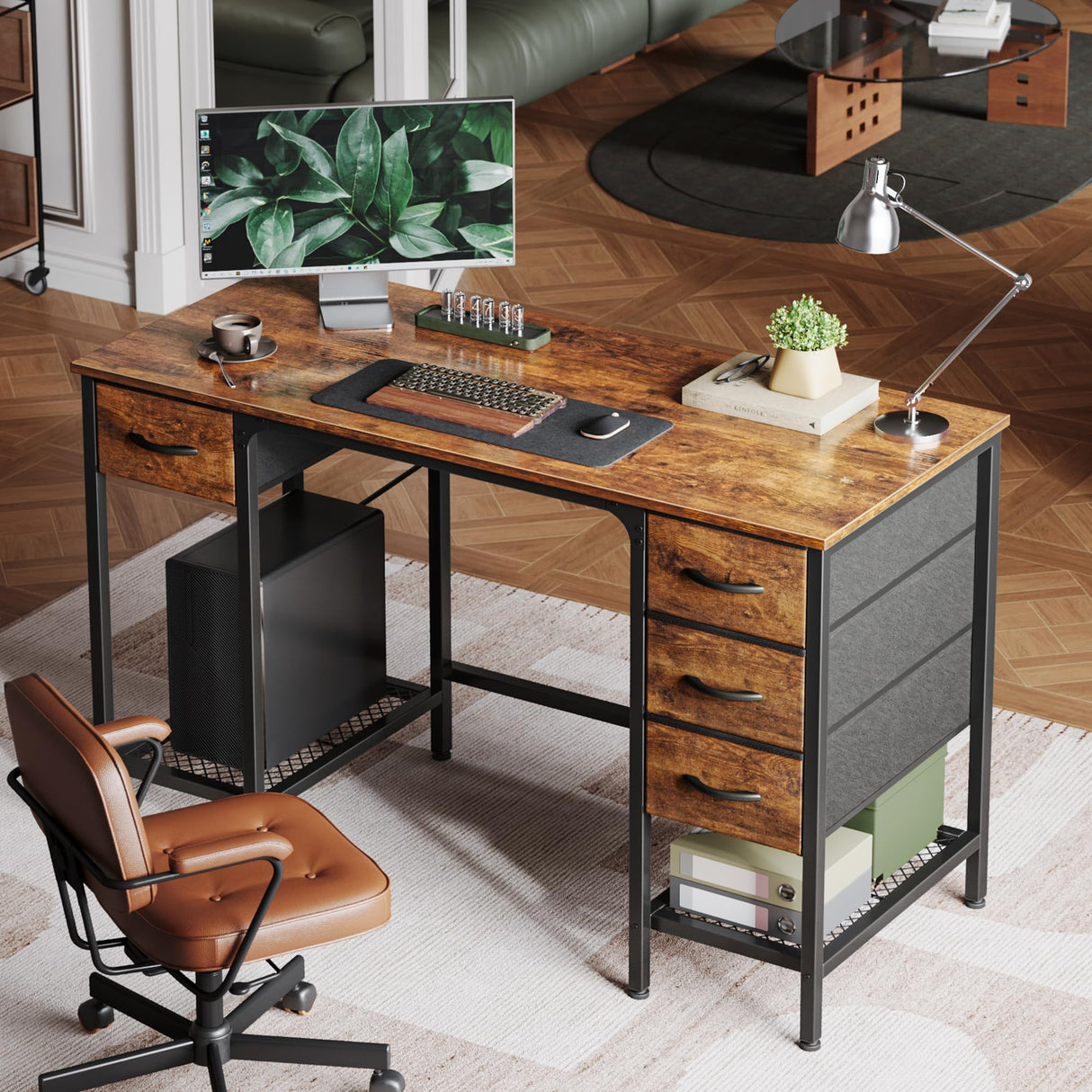 Huuger 47 Inch Computer Desk with 4 Drawers, Office Desk with Mesh Shelf, Gaming Desk, Large Storage, Writing Desk Work Desk for Home Office, Study, Bedroom, Work from Home, Rustic Brown Huuger