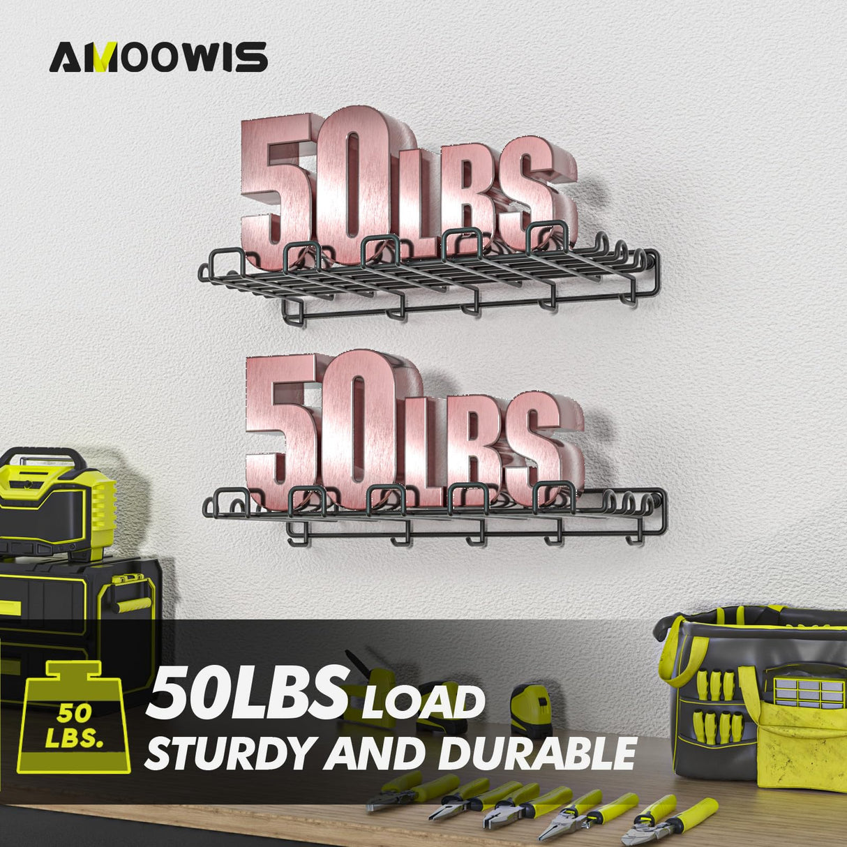 Garage Wall Shelf 2 Pack 16.5"x7.1" & Max Load 50 lbs Wall Mount Heavy Duty Metal Shelves Mesh Storage Rack for Garage, Office, Basement, Wall Cabinet and Kitchen Suitable for Garage/Closet/Laundry Amoowis