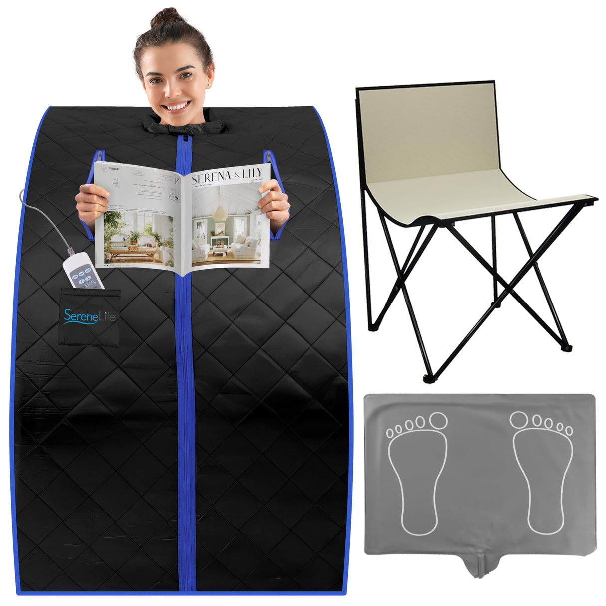 SereneLife Portable Sauna for Home, Infrared Sauna Tent with Heated Foot Pad and Folding Chair, Compact Personal Detox Sauna, Remote Control In-Home Spa, 40" x 33" - inch (Black) SereneLife