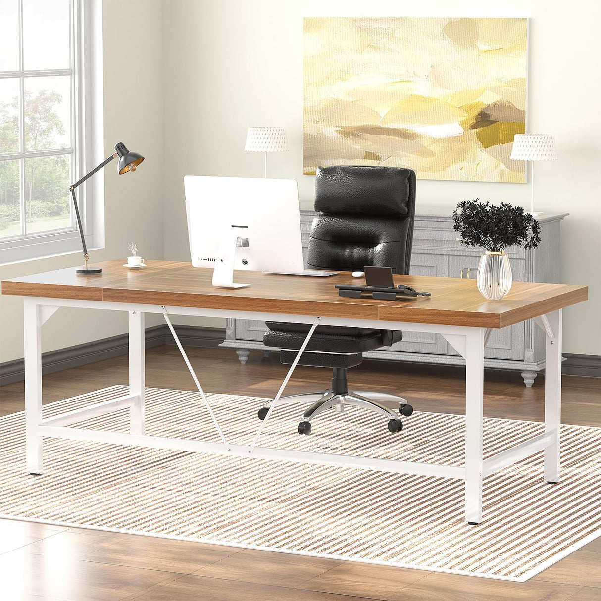 Unikito 70.8 Inch Extra Long Computer Desks, Heavy Duty Large Office Executive Desk, Sturdy 2 Person Desk, Premium Thick Study Writing Table Computer Table for Home Office Workstation, Rustic/White Unikito