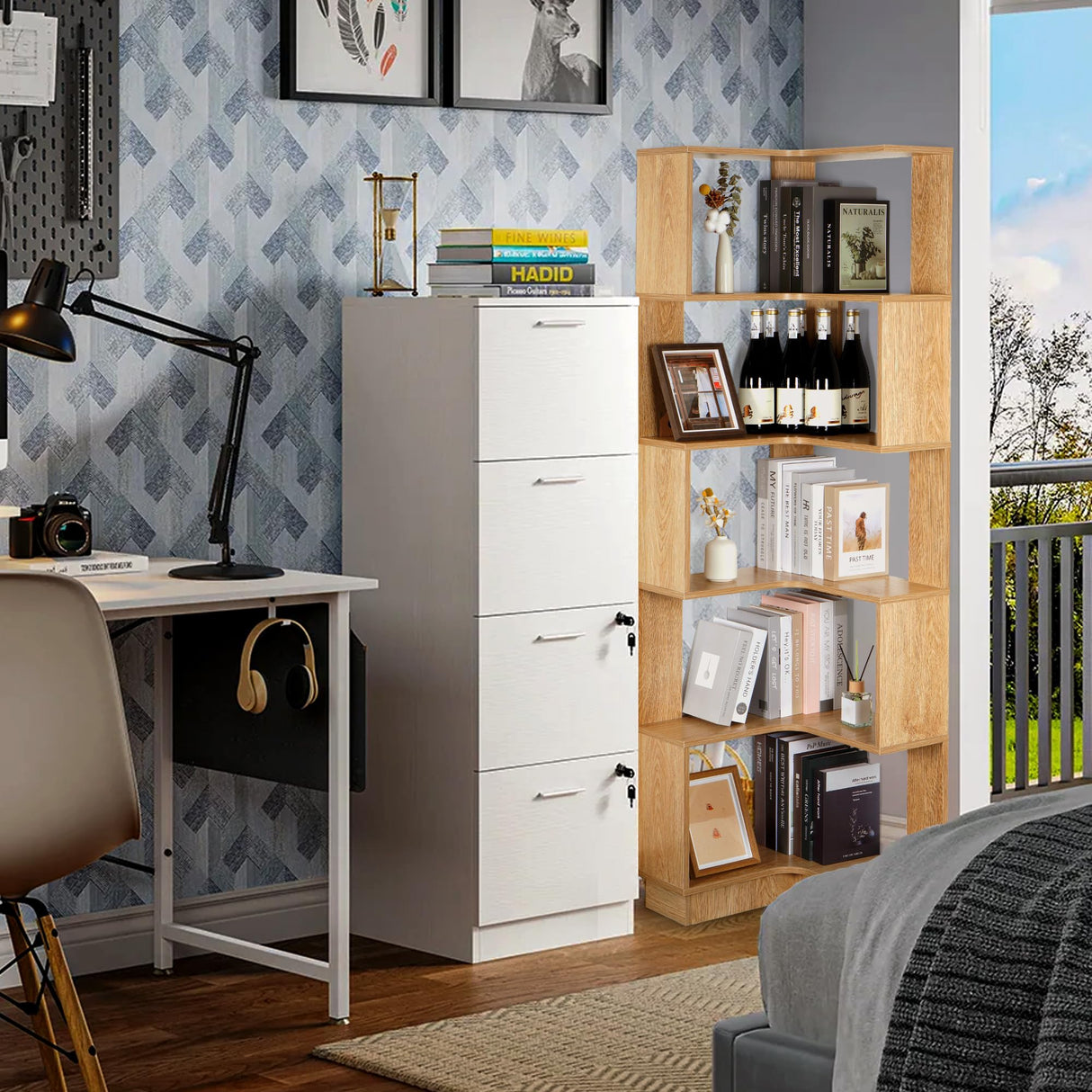 Modern 5-Tier Corner Bookshelf by tonchean - 69" Tall Free-Standing Wooden Storage Solution for Home & Office tonchean