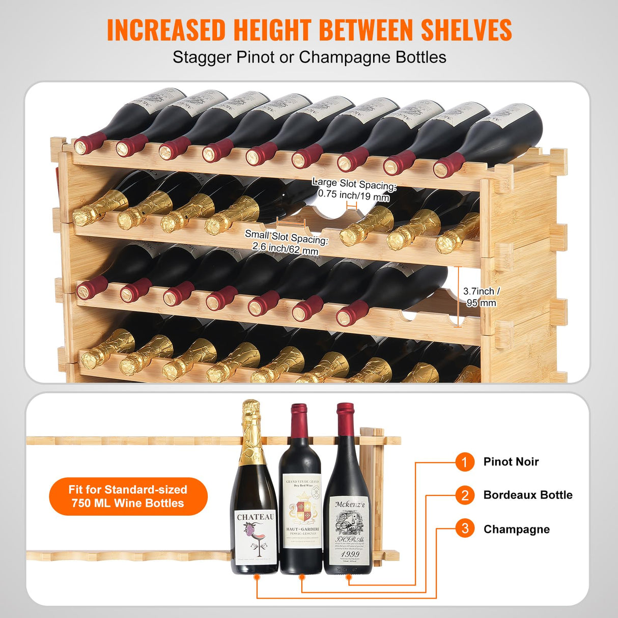 VEVOR 72 Bottle Upgrade Modular Wine Rack, Continuously Store Pinot Bottles, 8-Tier Bamboo Wood Storage Rack, Floor Freestanding Wines Holder Display Shelf, Wobble-Free Shelves for Kitchen Bar Cellar VEVOR