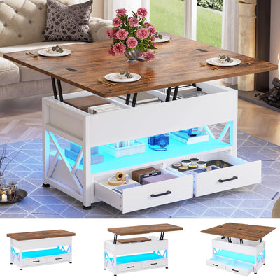 Itaar 40" Lift Top Coffee Table, 4 in 1 White Coffee Tables with Storage for Living Room, Small Coffee Table with 2 Drawers & LED Light for Dining Room, White and Rustic Brown