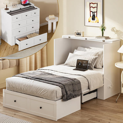 LIVAUVEAD Twin Murphy Bed with Built-in Charging Station, Space-Saving Murphy Bed Chest Twin with Drawer, Foldable, for Home Office Guest Room Bedroom White