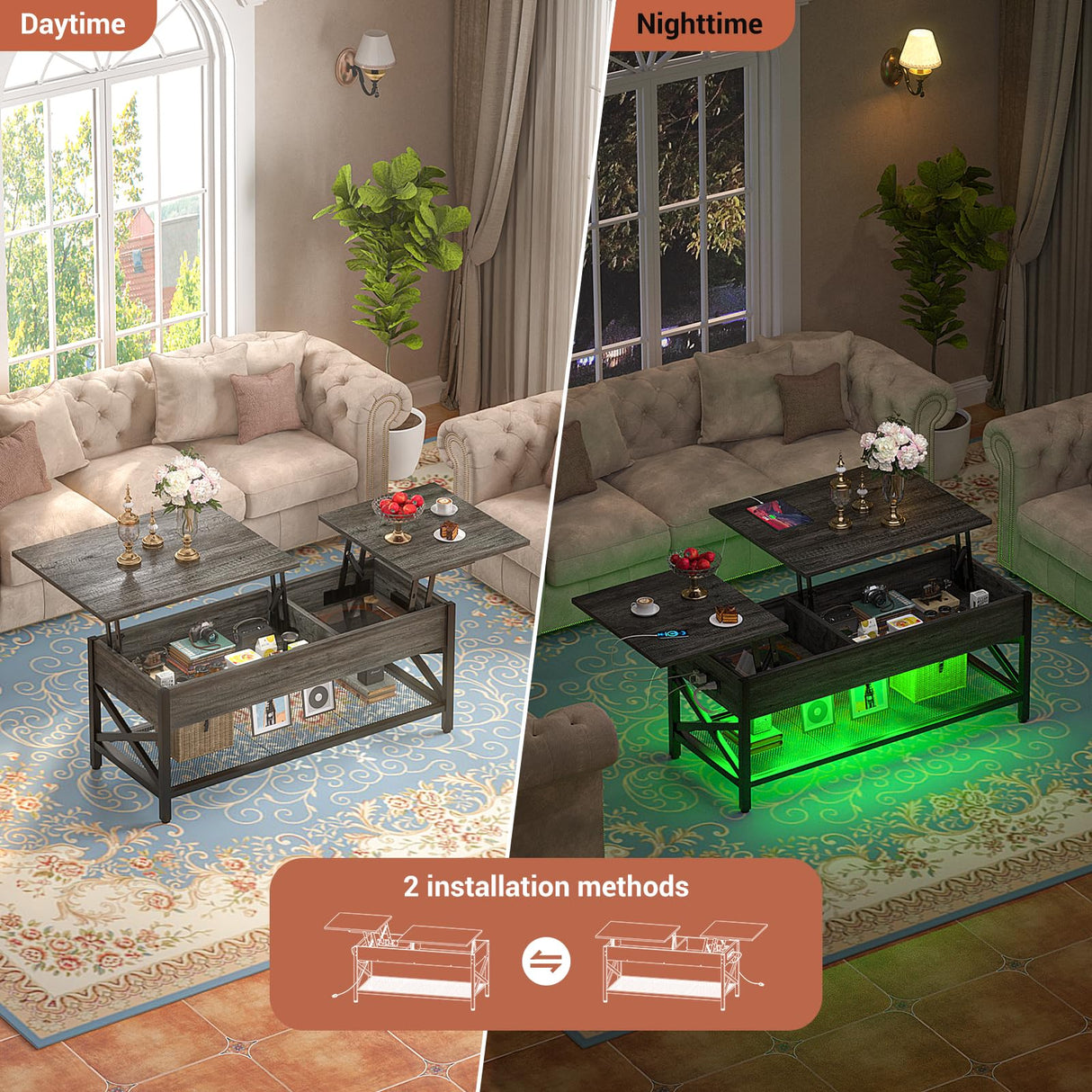 Besiost Coffee Table, Lift Top Coffee Table with Storage, LED Light & Power Outlet and Hidden Compartment, Retro Center Table for Living Room, X Support Wood Tabletop, Metal Frame, Black Oak Besiost