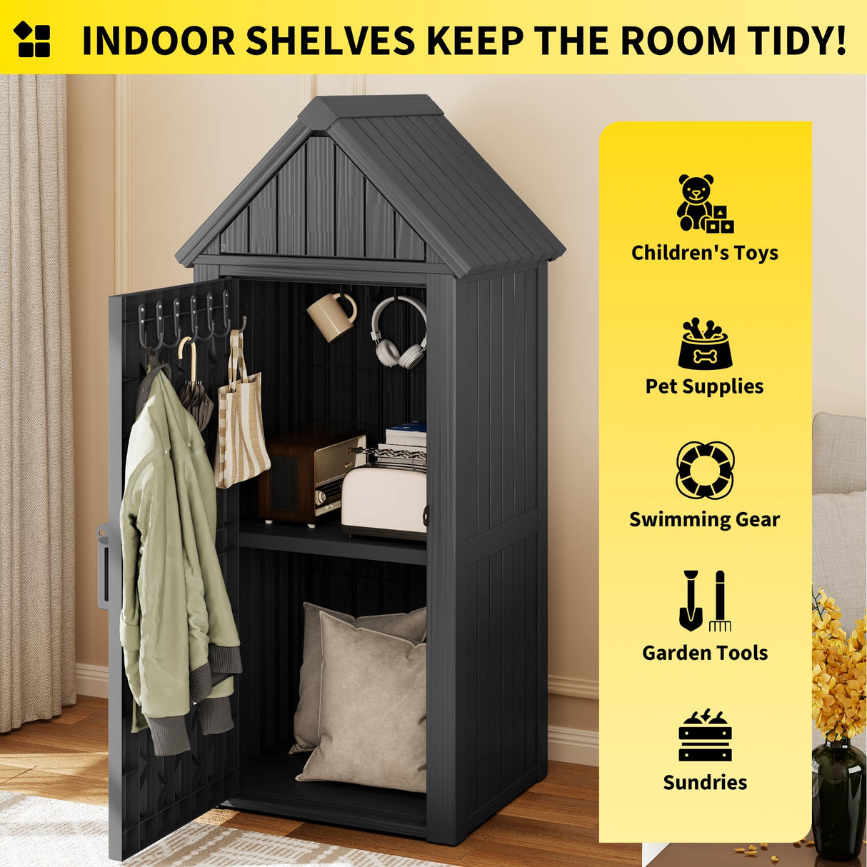 Fancyango Outdoor Resin Storage Shed, Upgrade Durable Storage Cabinet with Removable Shelves and Lock Ring, Reinforced Floor, All-Weather Construction for Garden Patio Lawn (Black) Fancyango