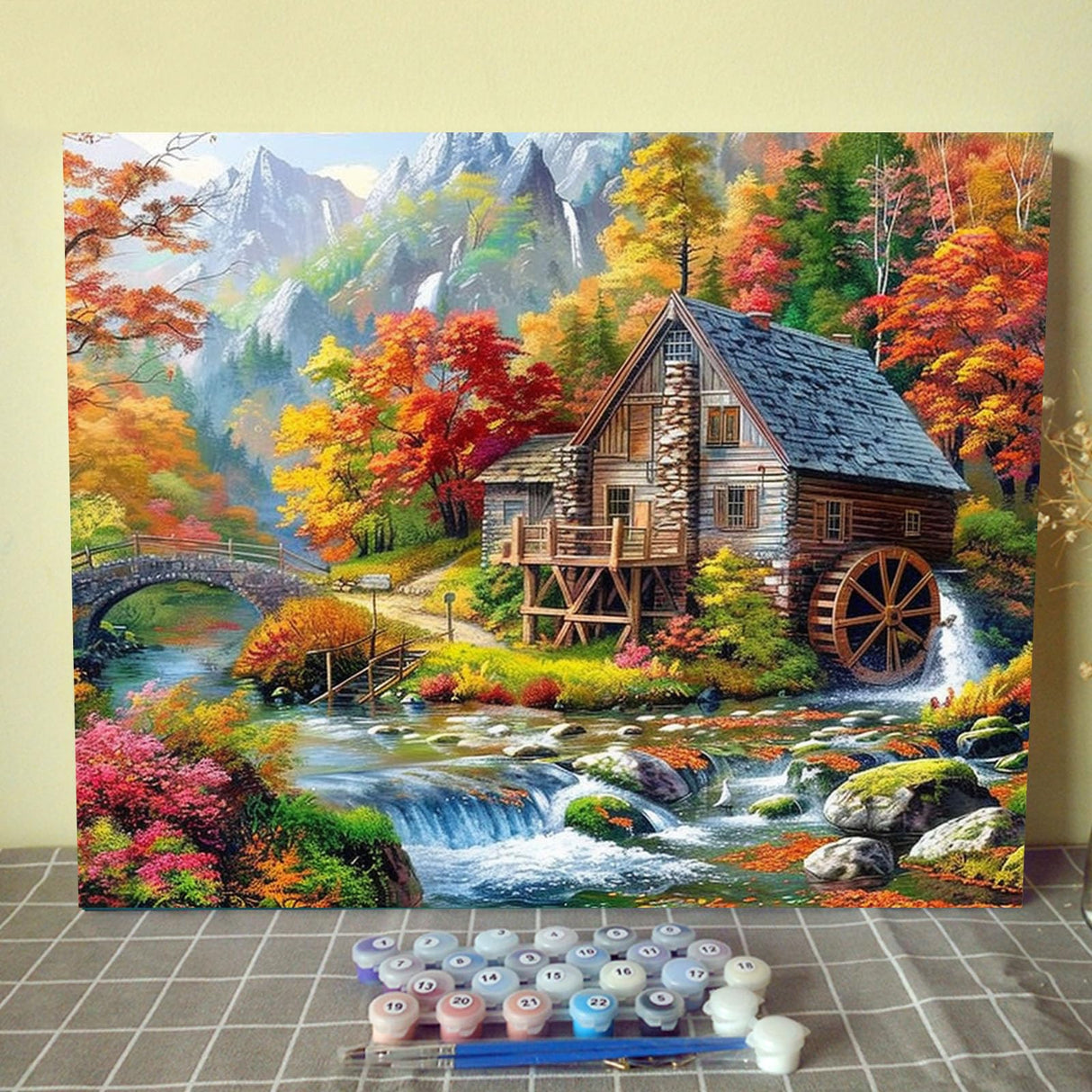 Log Cabin in Autumn Paint by Numbers Mountain River Landscape Paint by Numbers Kits for Adult,Still Life Pictures Painting Art Gift Perfect for Gift Home Wall Decor Without Framed 16''W x 20''H Aihonmin
