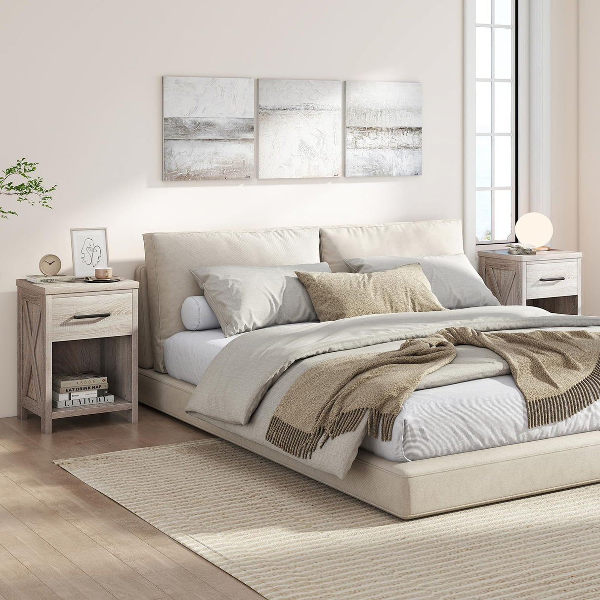 Giantex Farmhouse Nightstand, Wooden Bedside Table with Storage Drawer & Open Shelf, End Side Table, Rustic Night Stand for Small Space Bedroom & Home Office, Antique Brush White Giantex