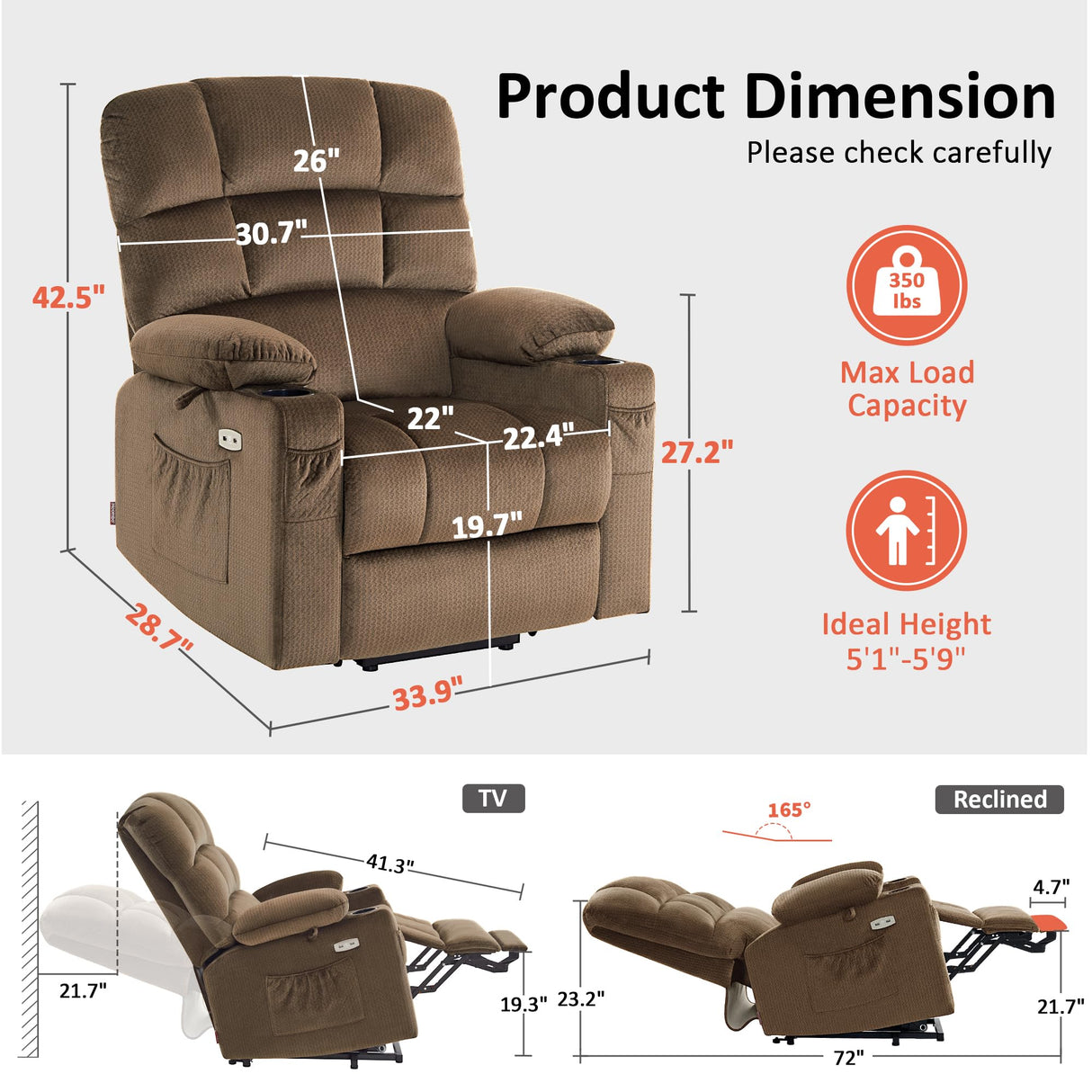 MCombo Dual Motor Power Lift Recliner Chair with Massage and Heat for Elderly People, Infinite Position, USB Ports, Cup Holders, Fabric 7679 (Medium, Brown) MCombo