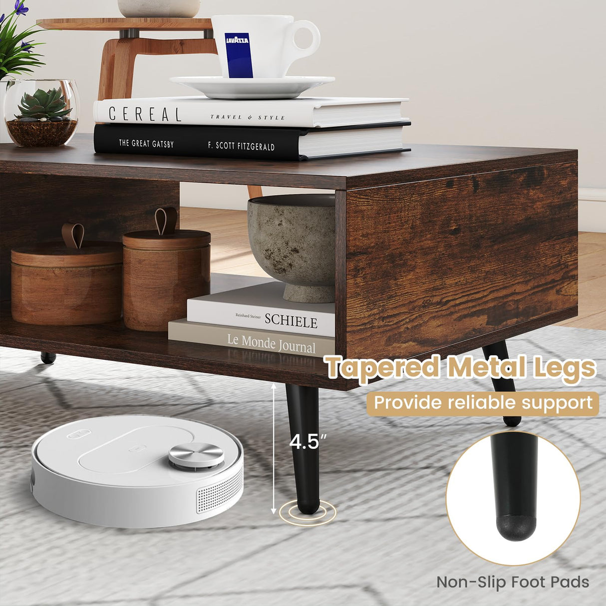 Giantex Coffee Table with Storage, Mid Century Modern Center Table for Living Room, Rectangle Tea Table with Open Storage Shelf & Floor-Anti-Scratching Tapered Metal Legs, Rustic Brown (Rustic Brown) Giantex