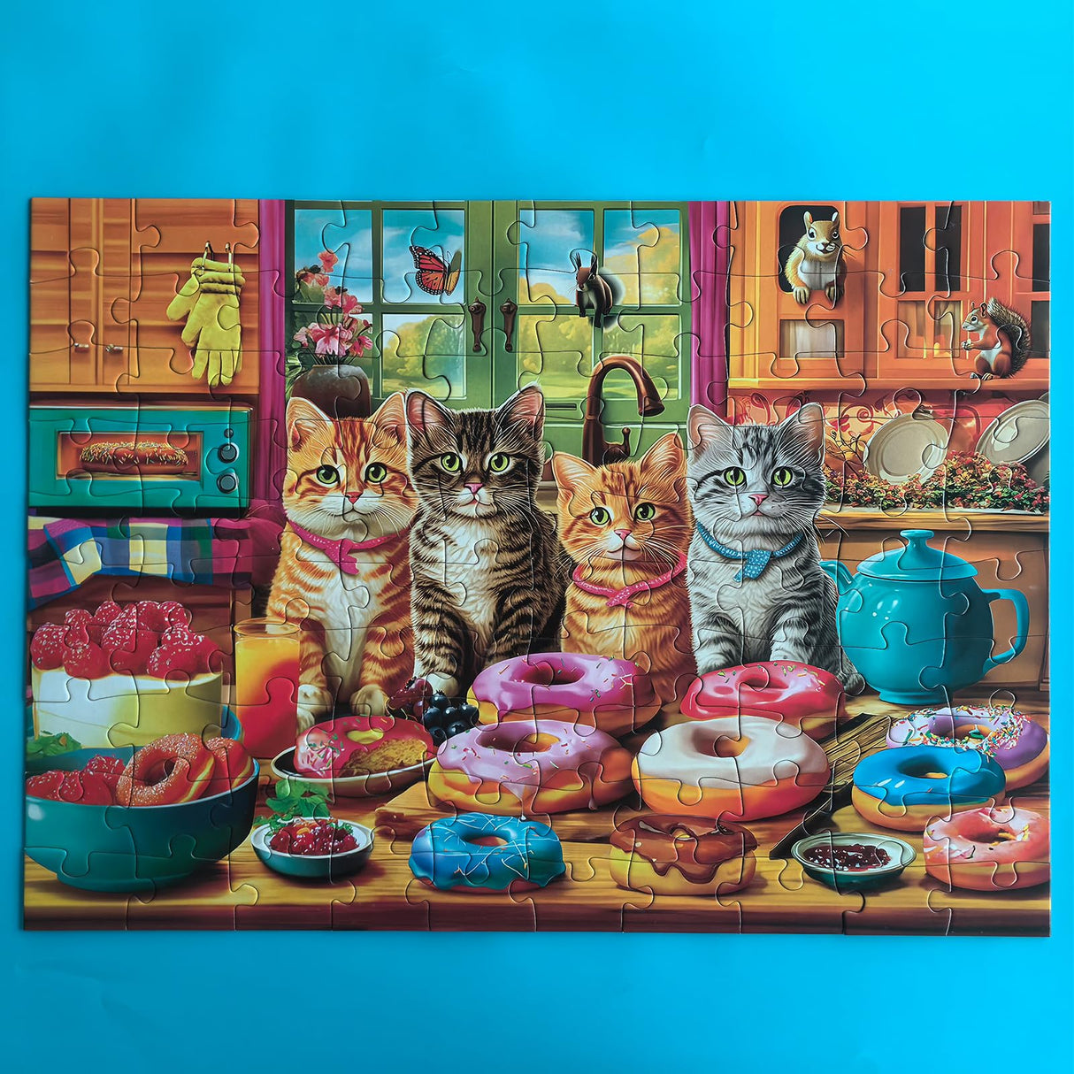 300 Pieces Jigsaw Puzzles for Adults - Puzzles for Kids Ages 6-8 8-10 10-12 - Large Piece Puzzles for Seniors - Kitchen Kittens and Donuts Mulic