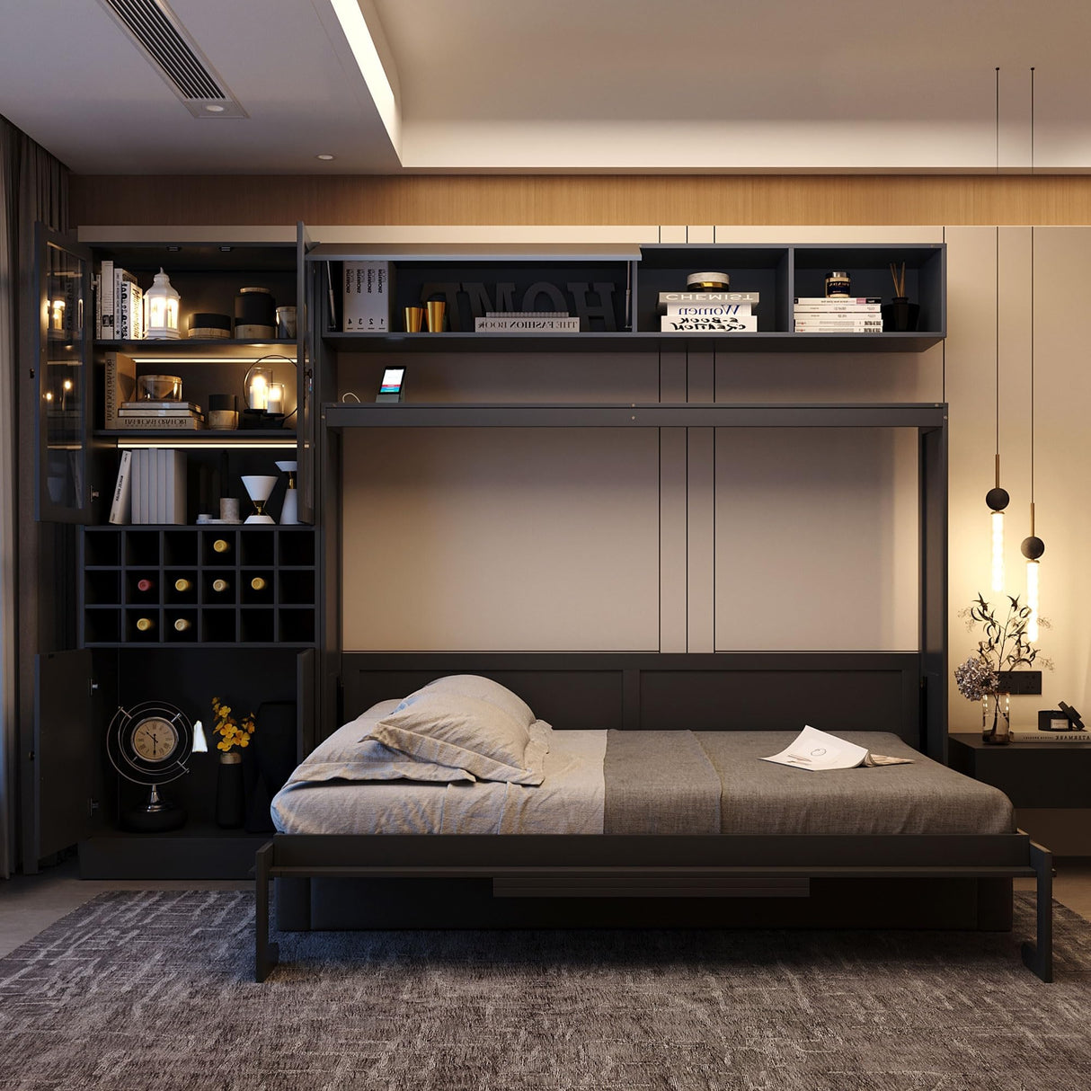 HABITRIO Full Size Murphy Bed, Wall Bed with Sofa, Shelves USB & Light, Gray HABITRIO