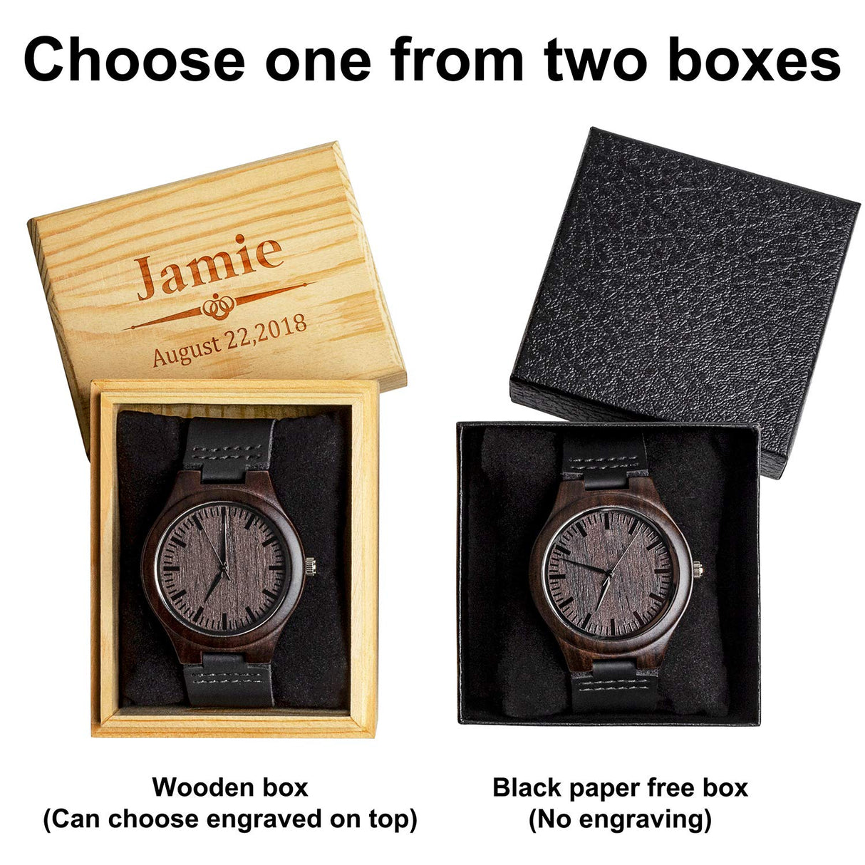 KOSTING Personalized Wood Watches - Engraved Wood Men Watch Black Leather Band Boyfriend Husband Christmas Gifts KOSTING