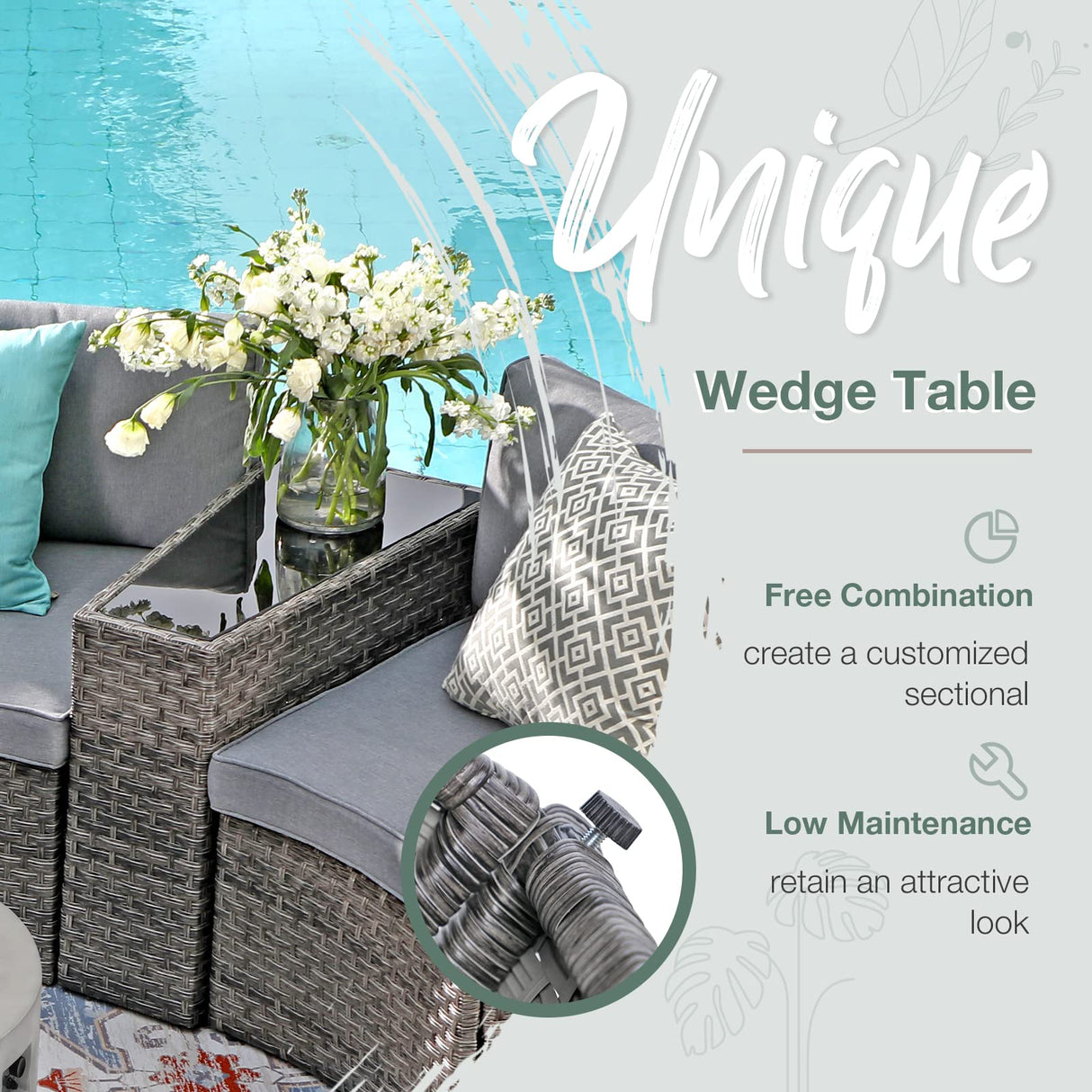 SUNSITT 12 Piece Patio Furniture Set with Propane Fire Pit Half-Moon Patio Set Outdoor Round Sectional Sofa with 36" Grey Gas Fire Table & Tank Holder, Grey Rattan SUNSITT