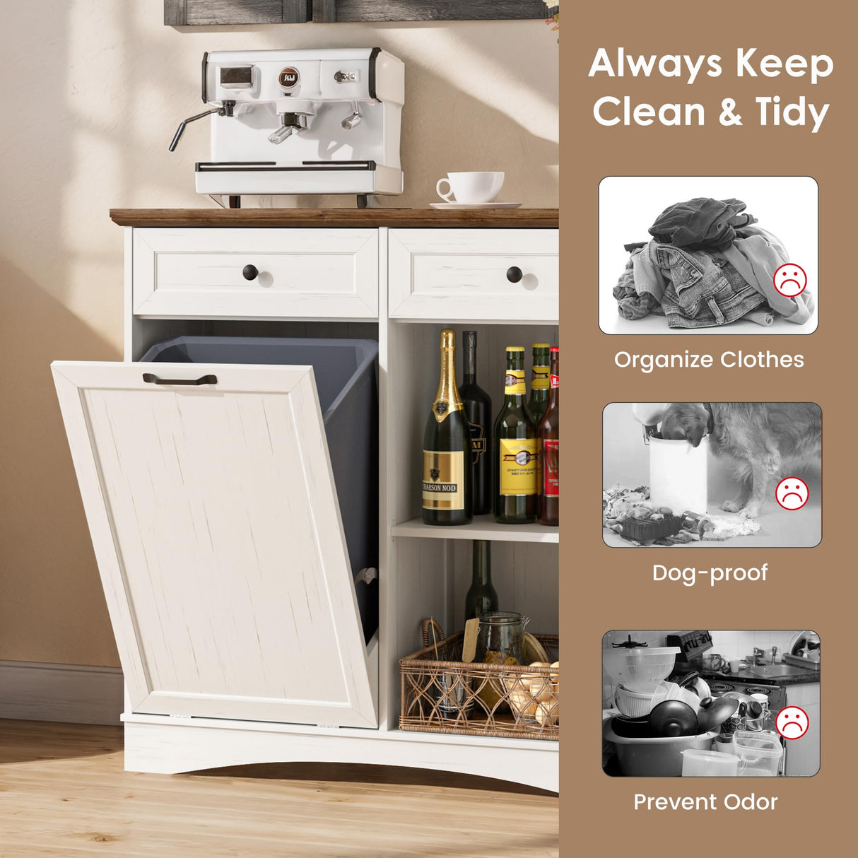 NEWOWNDS Tilt Out Trash Can Cabinet, Dog Proof Trash Can Storage Cabinet with 2 Drawers, Adjustable Shelf, Kitchen Island with Trash Can Storage, Hidden Trash Cabinet (White, Dual Doors) NEWOWNDS