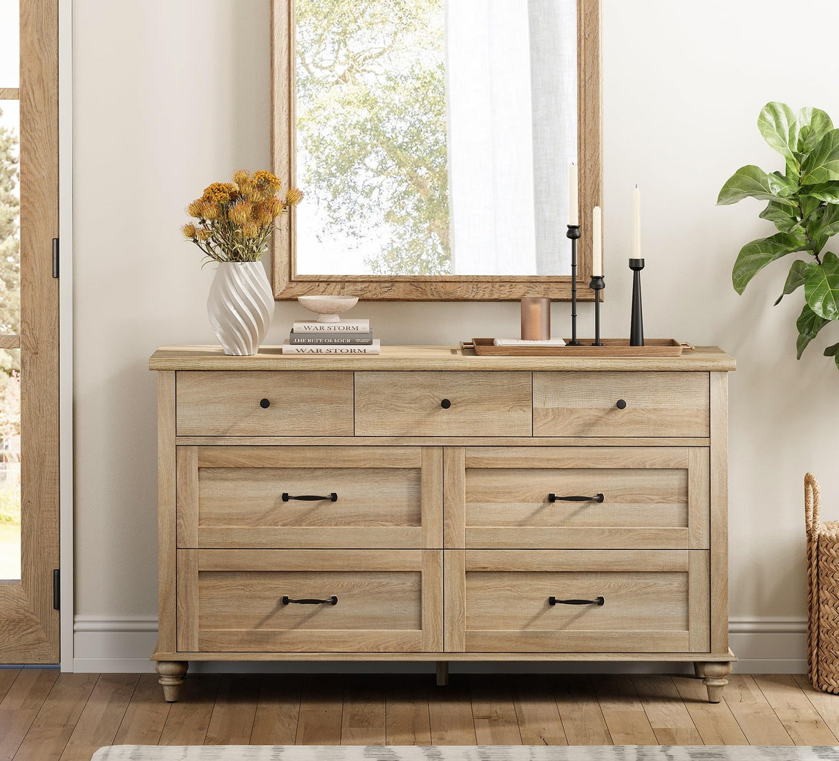 WAMPAT Kids Dresser with 7 Drawers for Bedroom, Wide Baby Dresser for Nursery & Kids Room, Farmhouse Chests & Dressers, Wooden Dresser Closet Organizer for Children’s Bedroom, 54 Inch, Oak WAMPAT