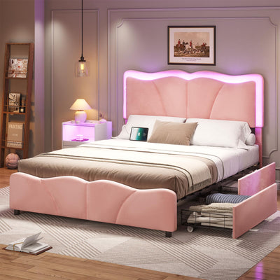MSmask Full Size Bed Frame with 4 Storage Drawers and LED Lights, Velvet Upholstered Platform Bed Frame with Height Adjustable Headboard, LED Bed Frame with Type C & USB, No Box Spring Needed, Pink