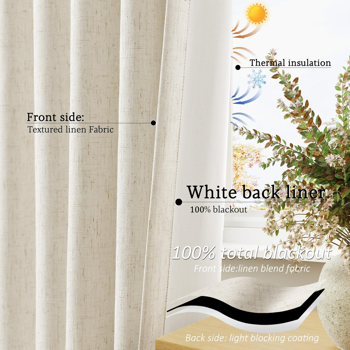 Jowels Natural Linen Blackout Curtains 108 Inch Length 2 Panels Set for Living Room Bedroom, Pinch Pleated Thermal Insulated 100% Black Out Curtains with Hooks, Room Darkening Back Tab Drapes Beige Jowels