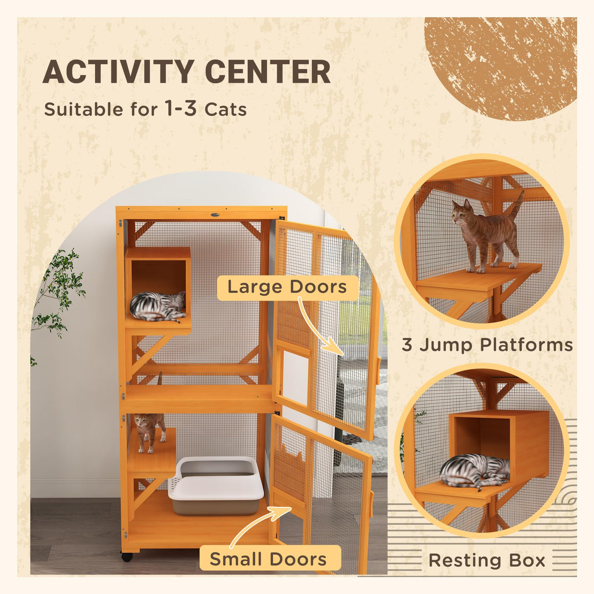 PawHut Wooden Catio with Waterproof Roof, Large Cat House with High-Up Resting Box, Indoor & Outdoor Cat Enclosure with Wheels, for 1-3 Cats, Orange PawHut