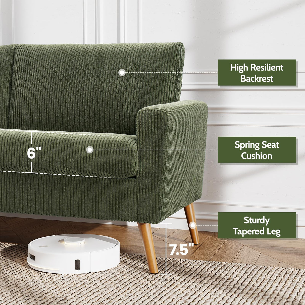 WEUP 68" Loveseat Sofa Green Corduroy Couch, Mid Century Modern Love Seat Couches for Living Room, Small Loveseat for Bedroom Office, Comfy Sofa with Spring Cushion, Solid Wood, Tool-Free Assembly WEUP