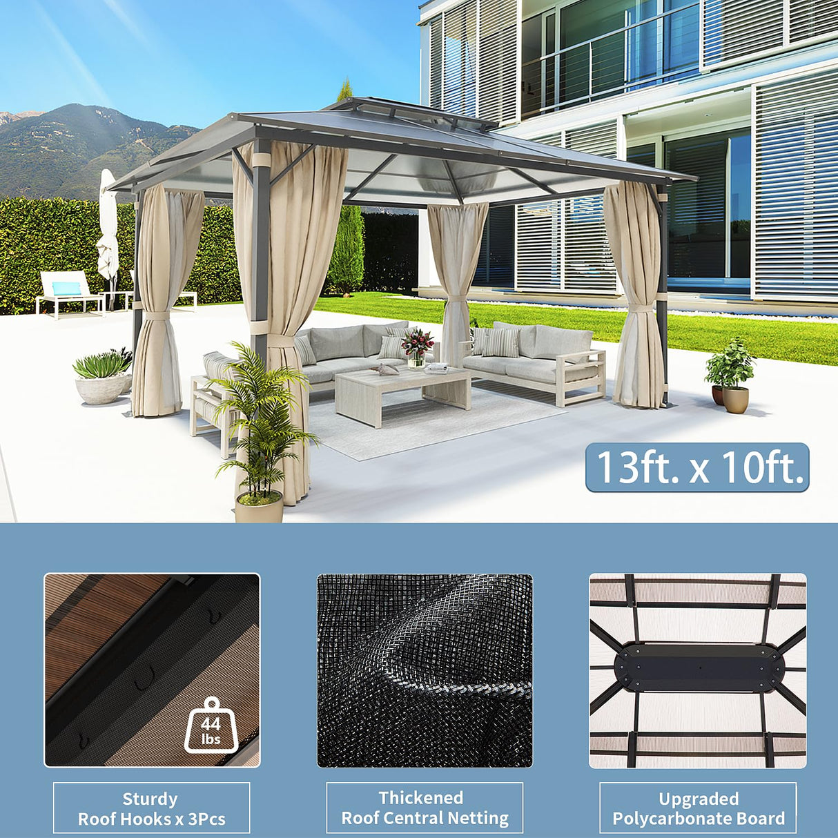 Aoxun 10'x13' Hardtop Gazebo, Outdoor Polycarbonate Double Roof Gazebo with Aluminum Frame Permanent Pavilion and Curtains & Netting for Backyard, Patio, Deck, Parties (Brown) Aoxun