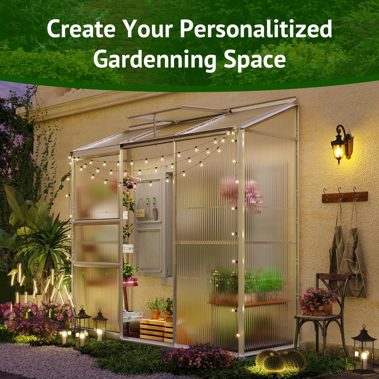 Showellgard 6x2ft Lean-to Polycarbonate Greenhouse, Small Walk-in Greenhouse, with Adjustable Roof Vent, Rain Gutter and Sliding Door, Outdoor Greenhouse for Terrace, Backyard GreenHouse 6'x2' Showellgard