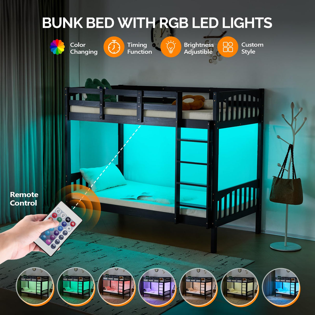 VINGLI Solid Wood Bunk Bed Twin Over Twin with LED Lights/USB Port Charge Station/Scoring Rungs, Convertible Bunk Beds with Extra 15 inches Tall Guardrial and Ladder for Kids, Black VINGLI