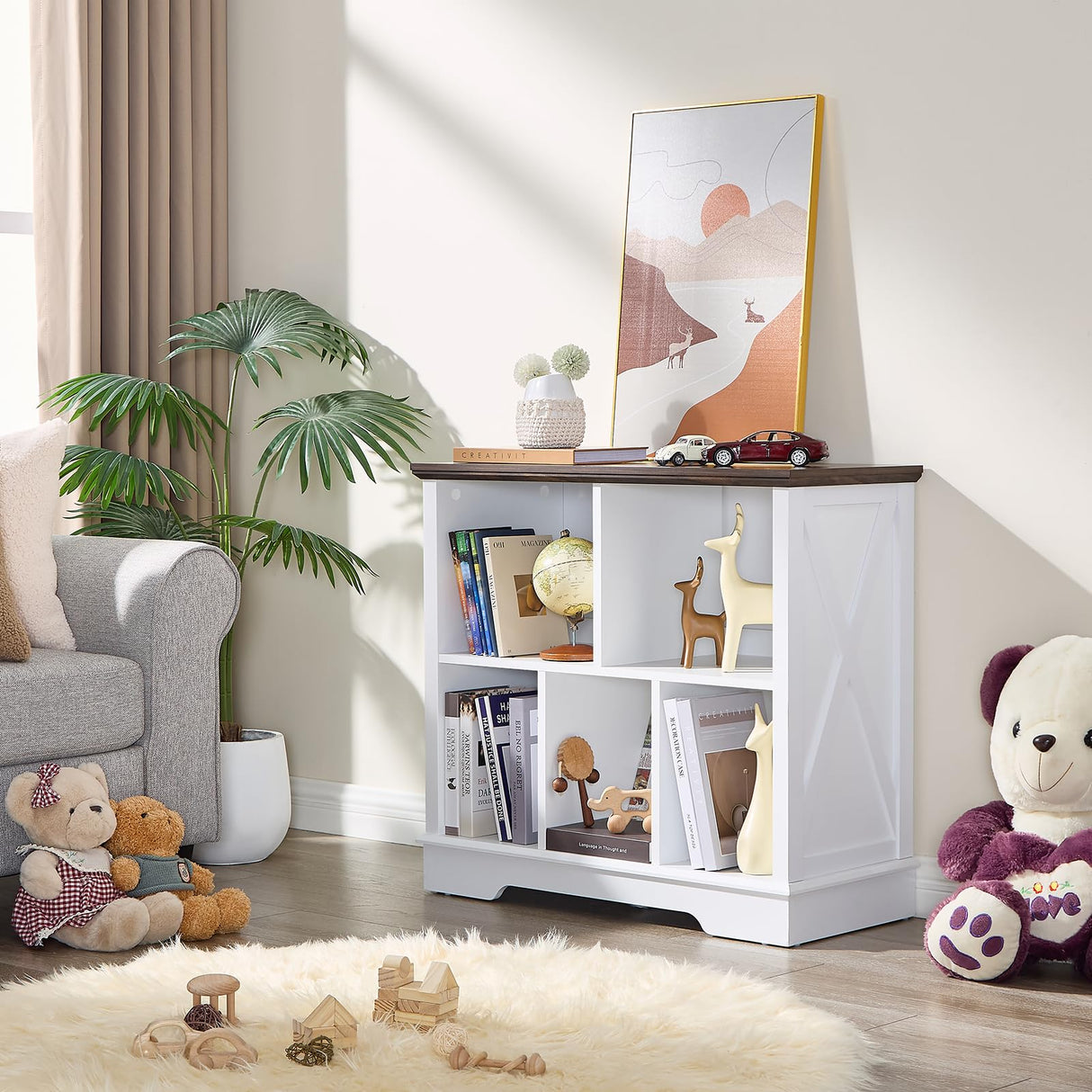 Farmhouse 5 Cube Bookshelf, White Storage Organizer Bookcase, Kids Toy Storage Cabinet, Small Bookshelves Storage Organizer Shelf, Wood Display Cabinet Book Shelves for Bedroom,Living Room,Office FFBCFDK