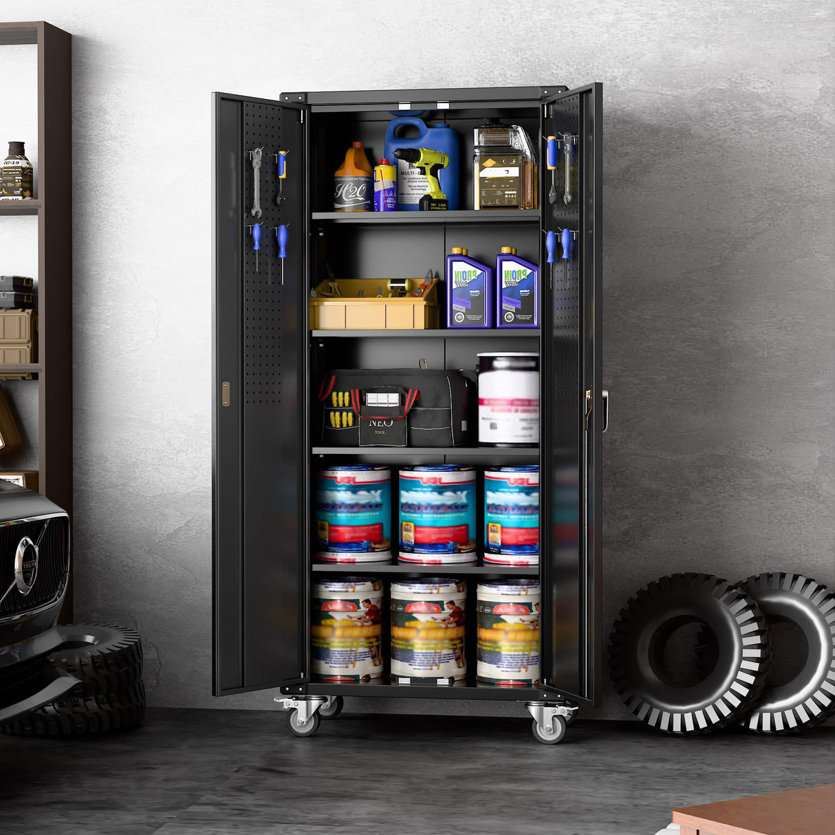 SUXXAN Metal Storage Cabinets with Wheels, 72" Steel Lockable Storage Cabinet with Adjustable Shelves Pegboards and Hooks for Office School Garage Warehouse Utility Room, Assembly Require, Black SUXXAN