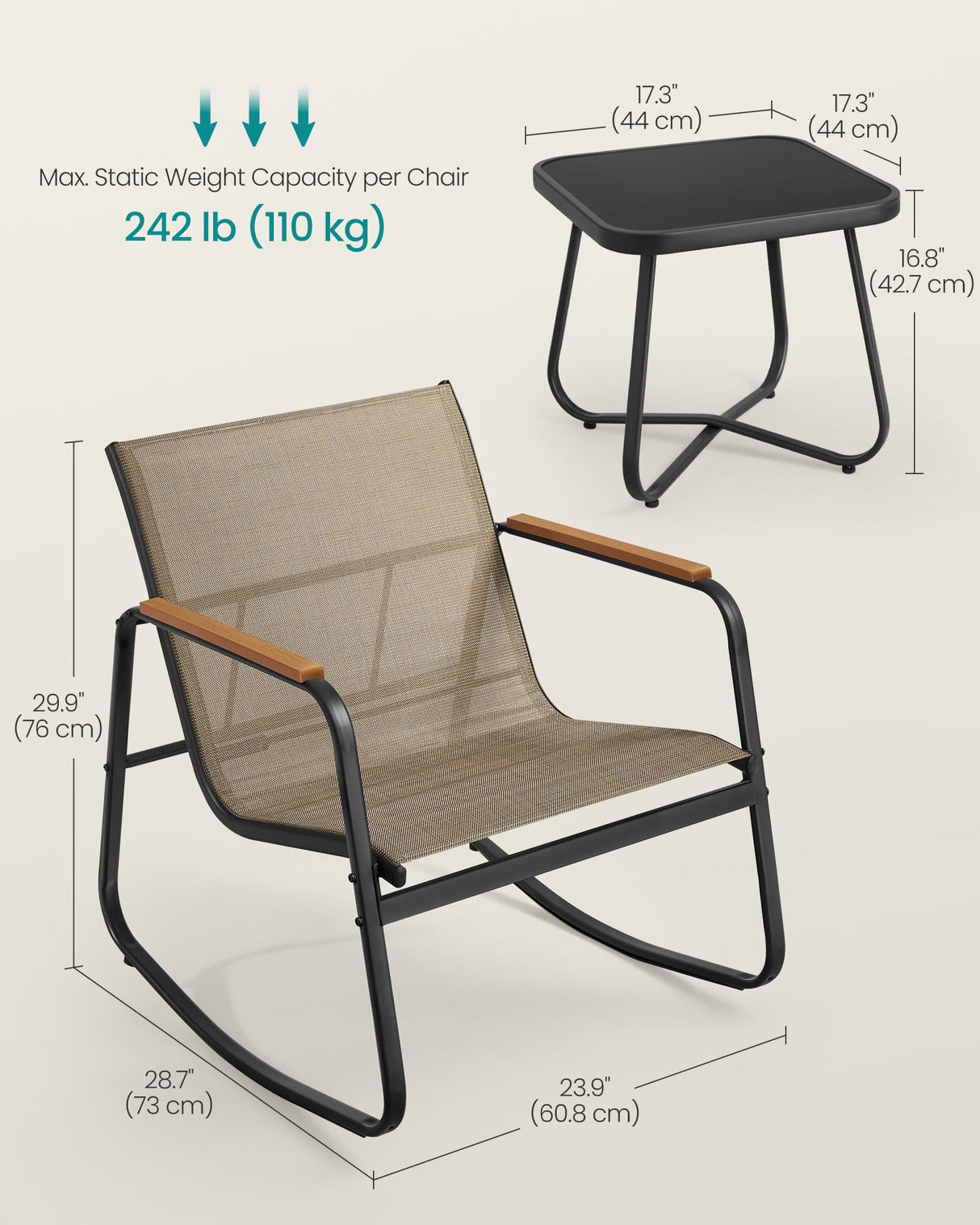 SONGMICS 3-Piece Patio Furniture Set, Garden Coversation Set, 2 Rocking Chairs, Table, Outdoor Lawn Backyard, Steel, with Armrests, Breathable Synthetic Fabric, Yellowish Brown UGGF0027K01 SONGMICS