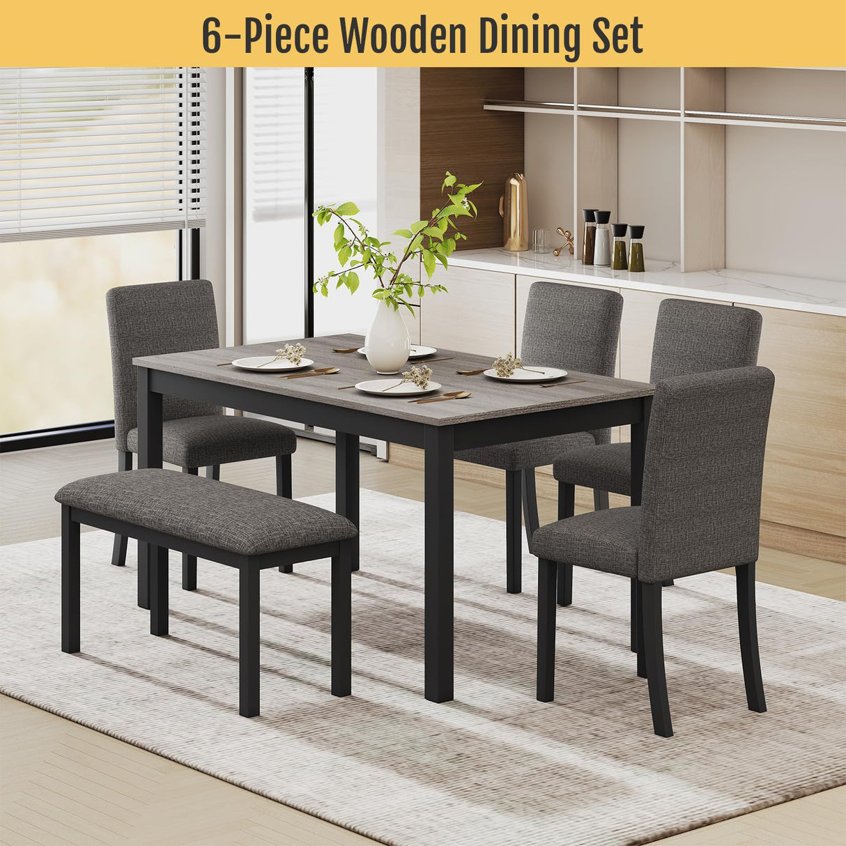 Zevemomo 6-Piece Solid Wood Dining Table Set, Including 1 Dining Table, 4 Upholstered Chairs and 1 Bench, Wooden Legs Dining Table Set for Dining Room, Kitchen, Restaurant, Dark Grey Zevemomo