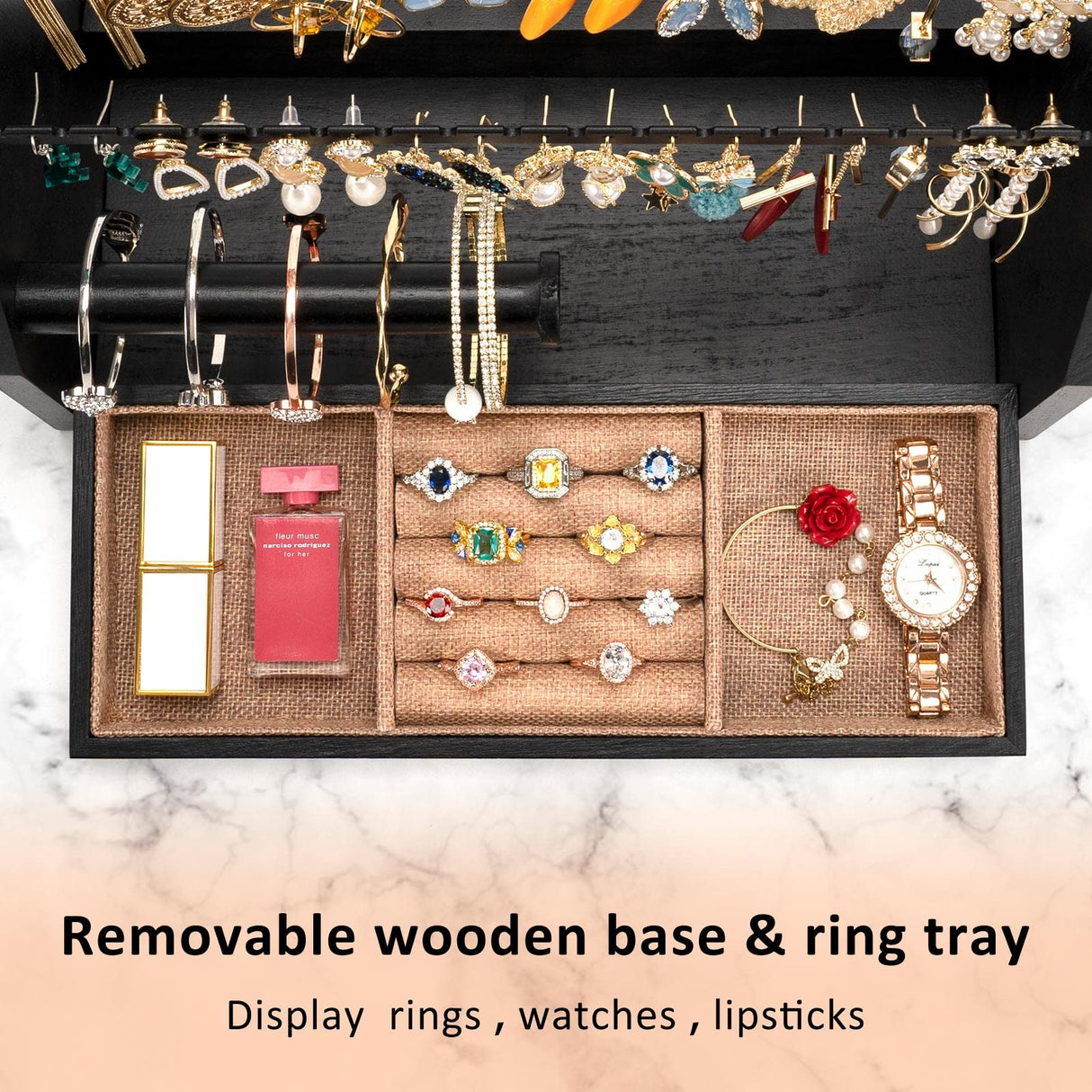DGWJSU Earring Organizer, 5 Layer Earring Holder Organizer with Necklace Holder, Rustic Wood Jewelry Organizer Stand Display for Stud Earring Bracelet Necklace Ring, Watches DGWJSU