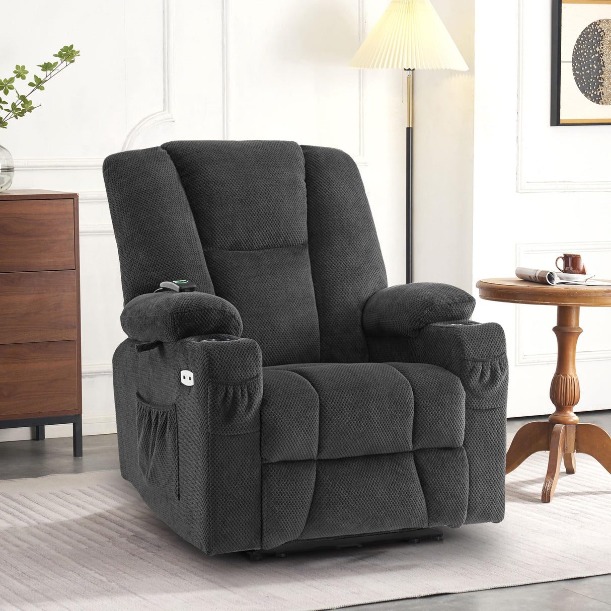 MCombo Fabric Electric Power Recliner Chair with Heat and Vibration, Cup Holders, USB Charge Ports, Extended Footrest, Cloth Powered Reclining for Living Room 8015(Grey) MCombo
