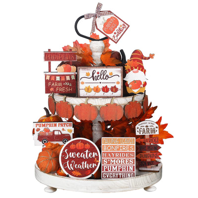 Amyhill 13 Pcs Fall Thanksgiving Tiered Tray Decor Set Pumpkin Maple Gnome Wooden Signs Hello Fall Table Centerpieces Farmhouse Tabletop Decorations for Home Autumn Harvest Shelf Table