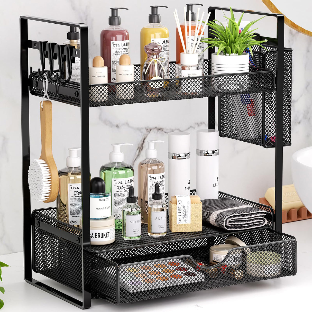 VITVITI 2 Tier Bathroom Organizer Countertop with Drawer, Metal Mesh Bathroom Counter Vanity Organizer Storage, Bath Room Shelf Sink Kitchen Spice Rack with Basket Hooks, Black VITVITI
