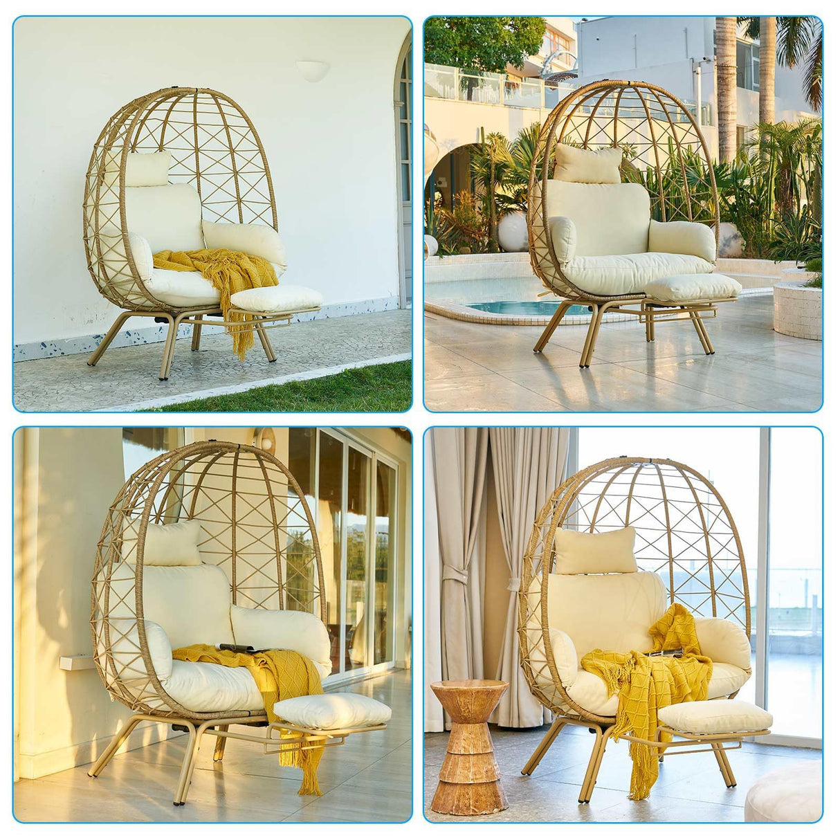 Wicker Egg Chair with Cushion & Footrest - Oversized 450lb Capacity Boho Hanging Chair for Indoor/Outdoor - Beige Rattan Lounge Seat for Patio, Balcony, Garden, Home Outlux