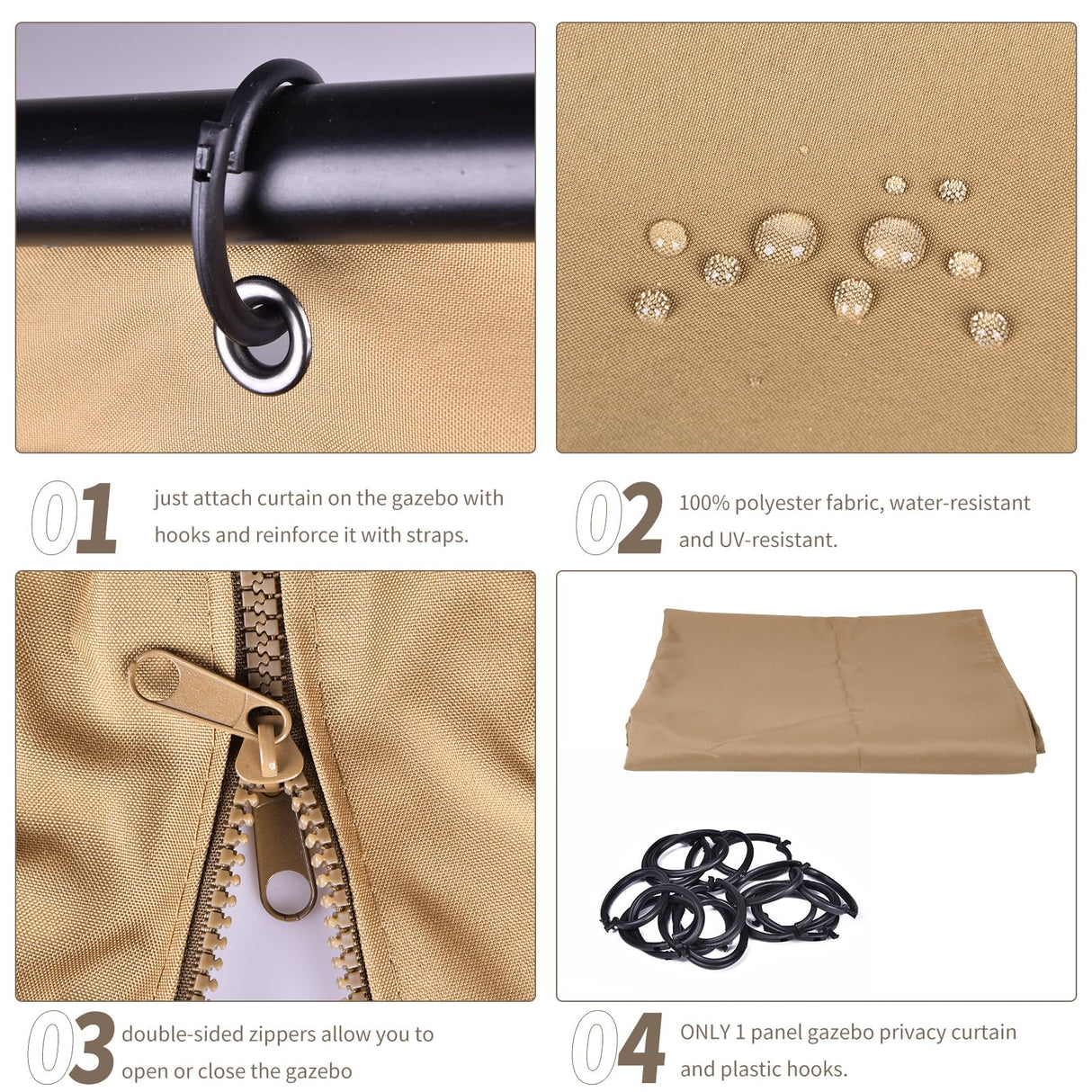 AONEAR Gazebo Privacy Curtain with Zipper Side Wall Universal Replacement for 10' x 10' Gazebo, Patio, Outdoor Canopy, Garden and Backyard, Khaki (1-Panel Curtain Only) aonear