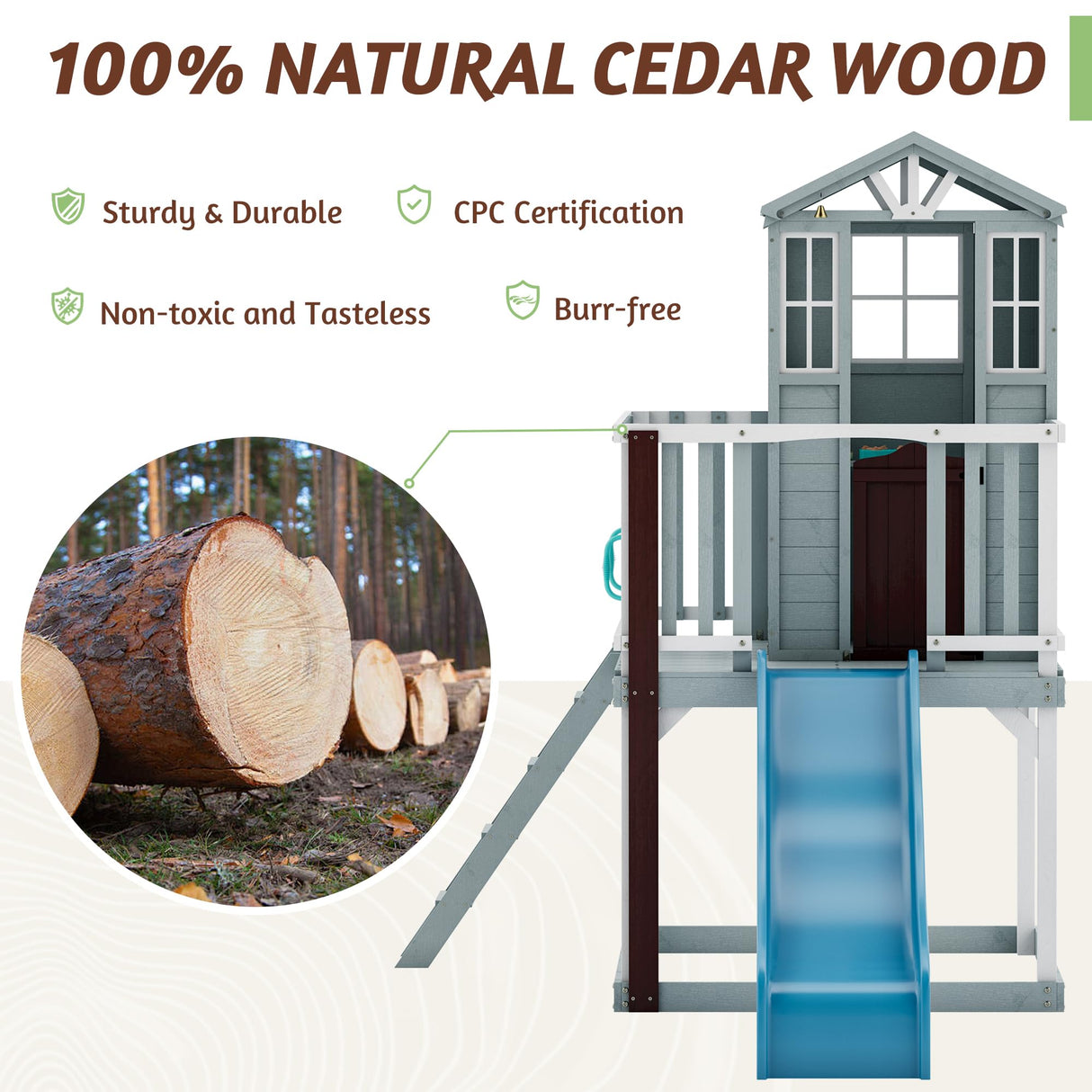 HOMMOW Kids Outdoor Playhouse, Cedar Wooden Outdoor Playhouse with Slide,Growth Chart,Interactive Play Kitchen,Installation Manual and Videos, Blue Grey HOMMOW