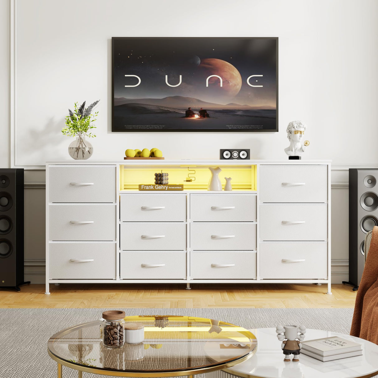 Patikuin 63" Dresser TV Stand for 65 70 75 Inch TV, Fabric Chest of Drawers with Charging Station, LED Lights, Open Shelves & 12 Drawer Dresser, Modern Entertainment Center, White Patikuin