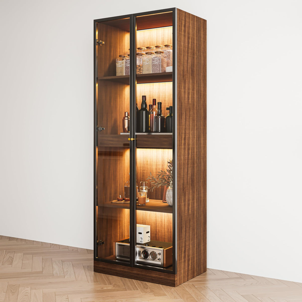 ATJafurn Glass Display Cabinet with LED Lights Tempered Glass Curio Cabinet with Pull-Out Shelf for China Liquor Collectibles 23.6'' W (Walnut) ATJafurn
