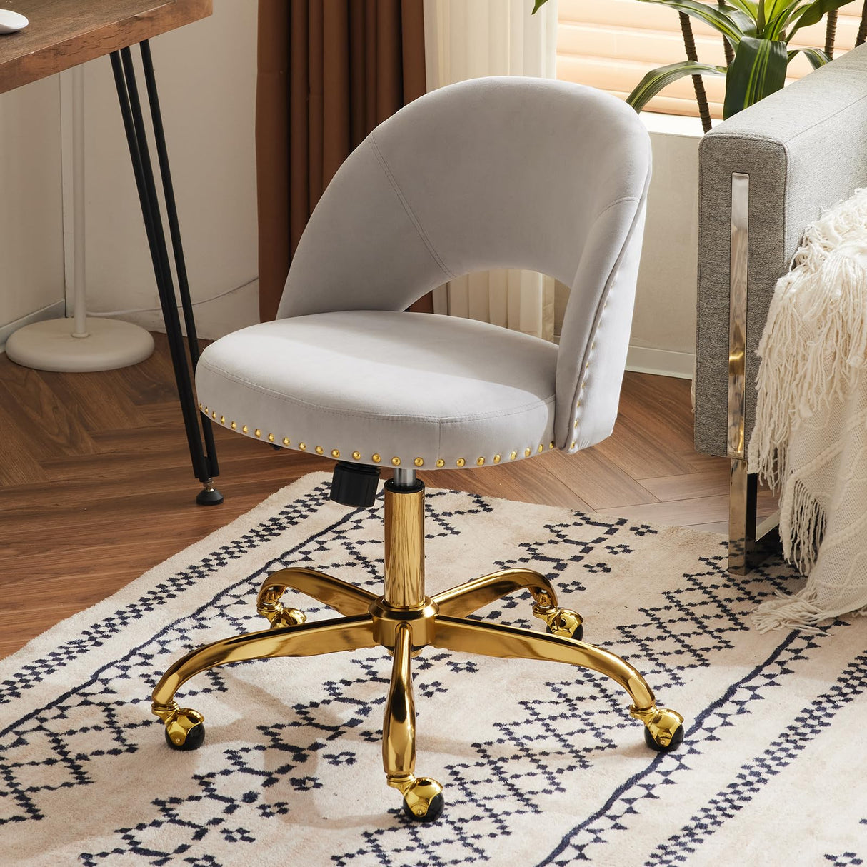 VINGLI Modern Velvet Small Office Chair,Cute Desk Chair with Wheels,Gold Base/Studs, Comfy Armless Swivel Vanity Task Chair for Women/Girl/Kids, Nail Tech Chair for Bedroom,Small Space,Grey VINGLI
