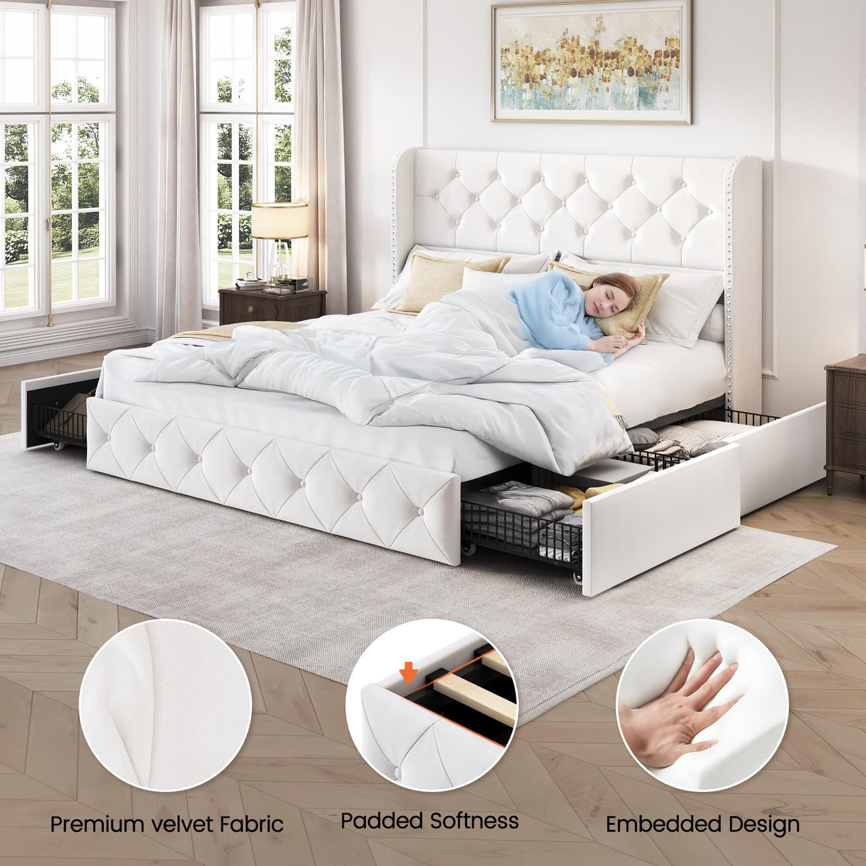 LARMACE Queen Size Bed Frame with 4 Storage Drawers and Wingback Headboard Velvet Upholstered Platform Bed Frame Tufted Beds with Wooden Slats Support, Easy Assembly, White LARMACE