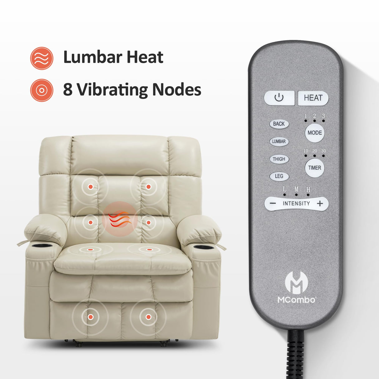 MCombo Dual Motor Power Lift Recliner Chair for Elderly, Lay Flat Lift Chair with Heat and Massage, Petite Wide Lift Chair, Cup Holders, USB A&C Ports, Faux Leather R7894 (Cream White, Small-Wide) MCombo