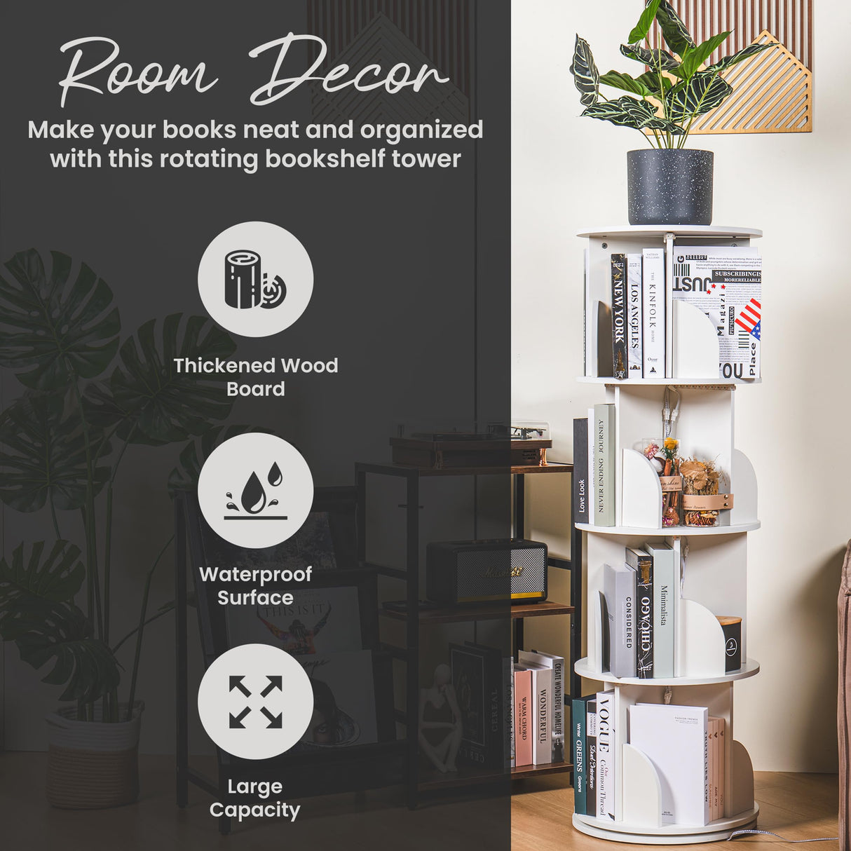 Luminous 4-Tier Revolving Bookshelf with LED Lights – Modern 360° Spinning Bookshelf Tower with Remote Control for Everyone | Space Saving Bookshelf Ideal for Any Room – Available in Black & White Generic