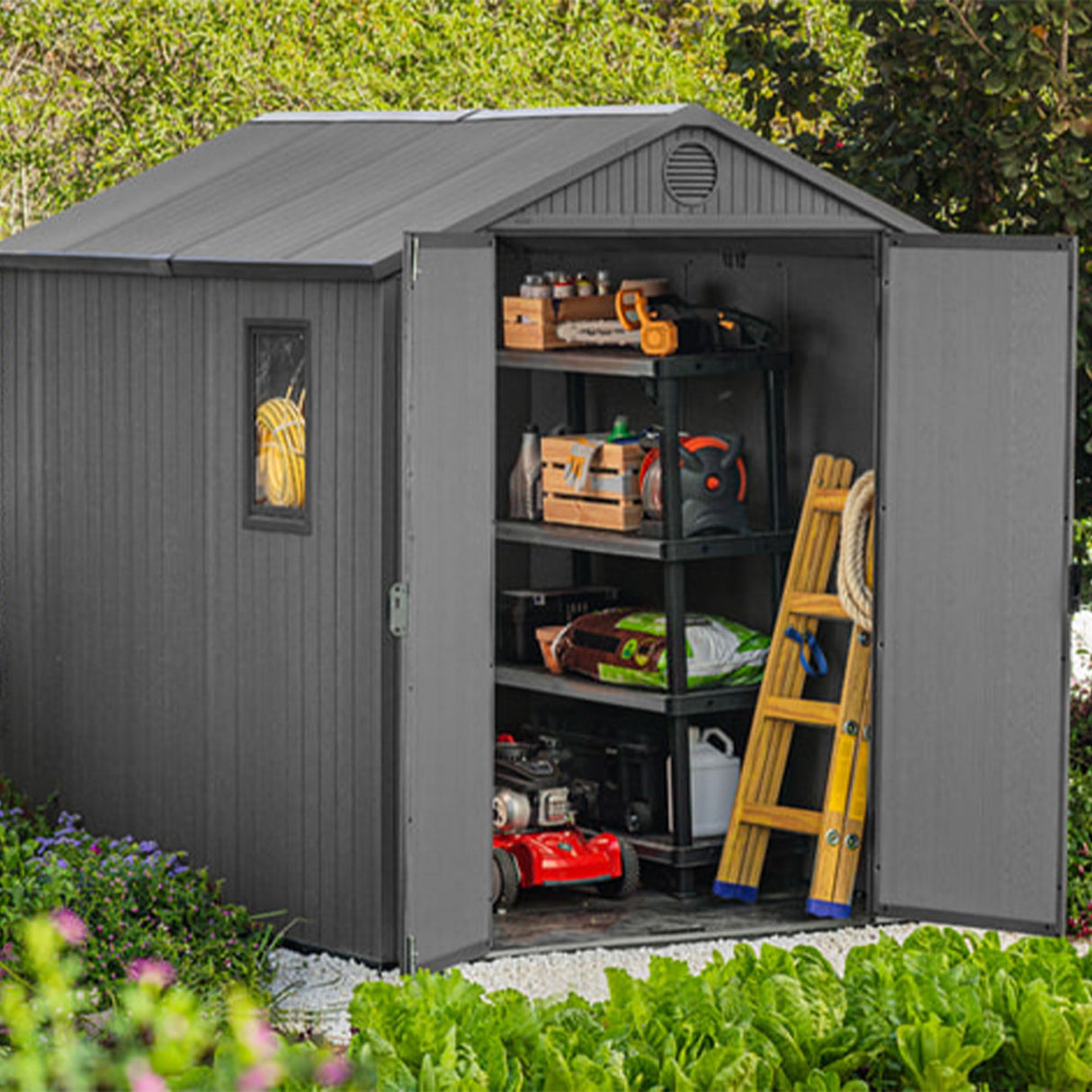 Keter Darwin 6x8 Ft Resin Storage Shed, Graphite Gray – Double Doors with Window & Skylight Keter